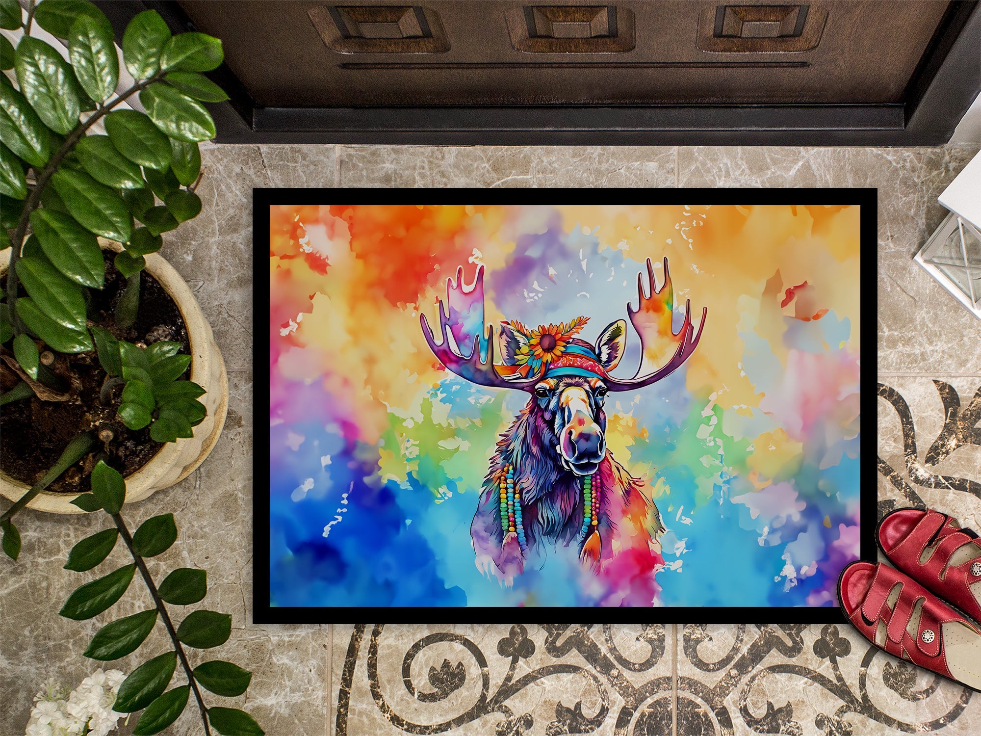 Hippie Animal Moose Doormat Indoor Outdoor 24H X 36W Front Door Mat Rugs for Entryway, Non Slip Washable Low Pile,