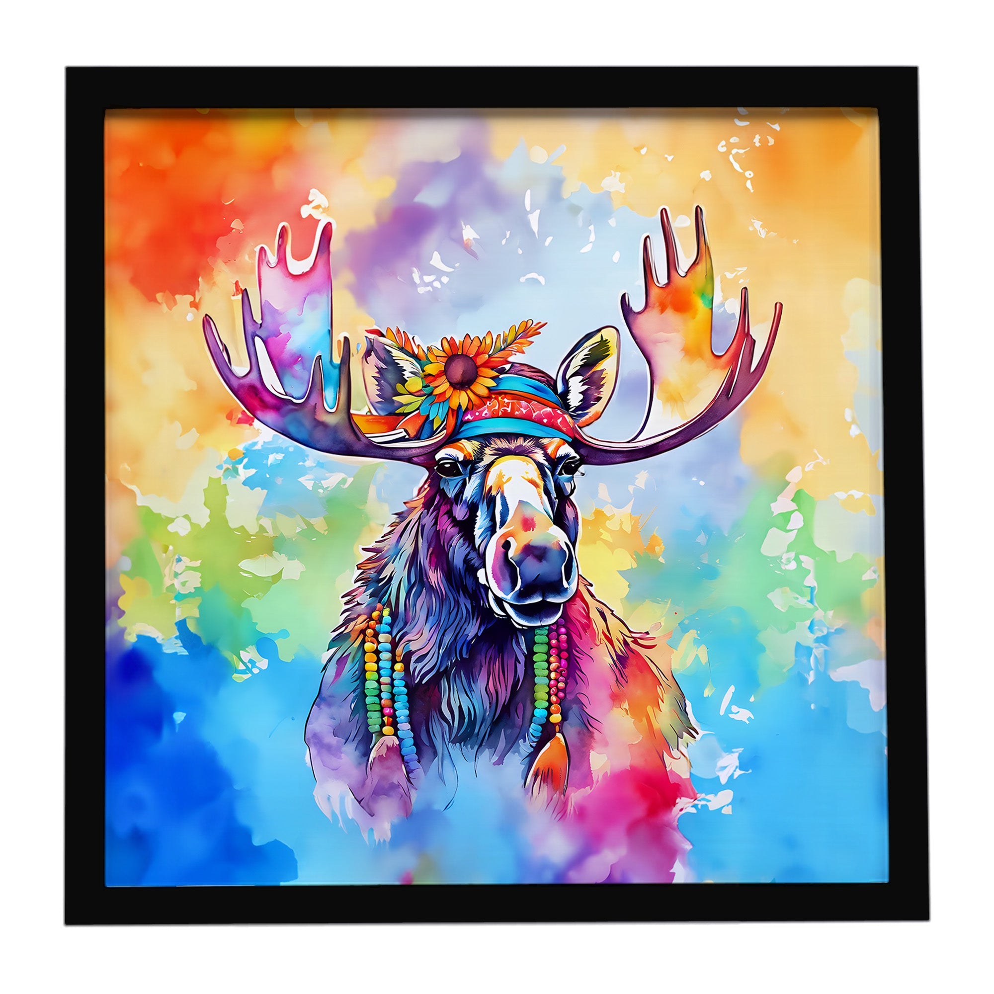 Hippie Animal Moose Framed Metal Print Bathroom, Kitchen, Office, Home Decor Wall Art Ready to Hang, Square, 8X8