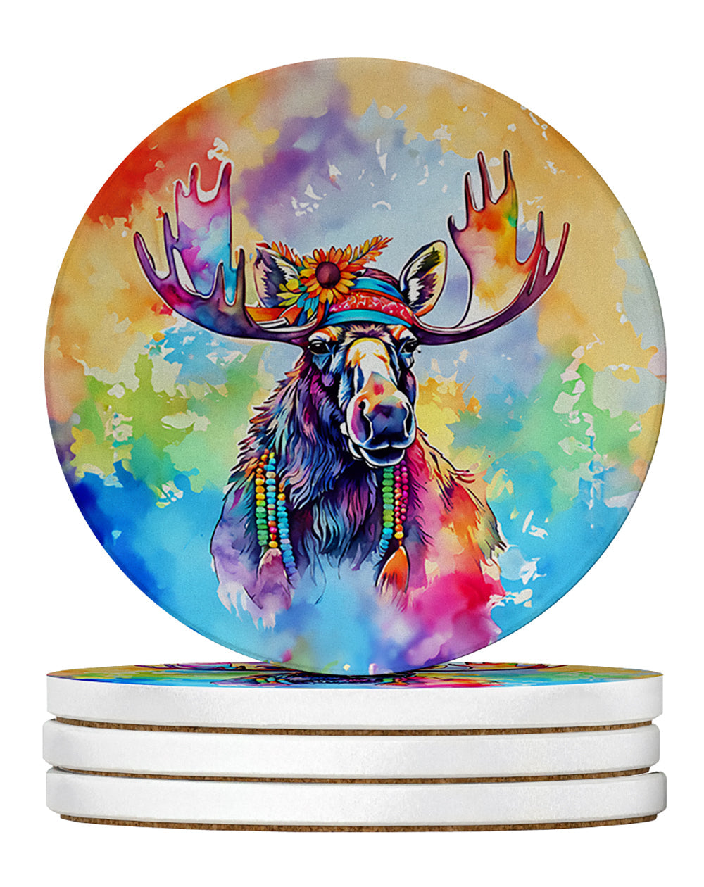 Hippie Animal Moose Large Sandstone Coasters Pack of 4 Absorbent Round Coasters Decor Gifts for Men or Women, 4 in, Multicolor