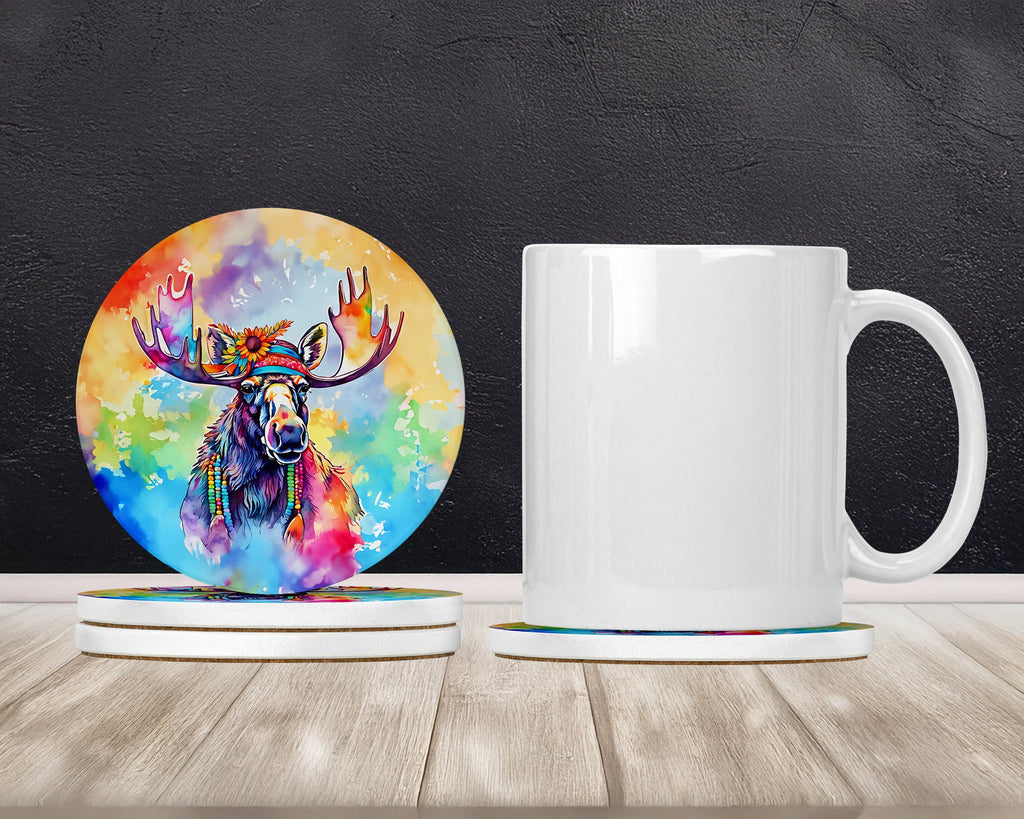Hippie Animal Moose Large Sandstone Coasters Pack of 4 Absorbent Round Coasters Decor Gifts for Men or Women, 4 in, Multicolor