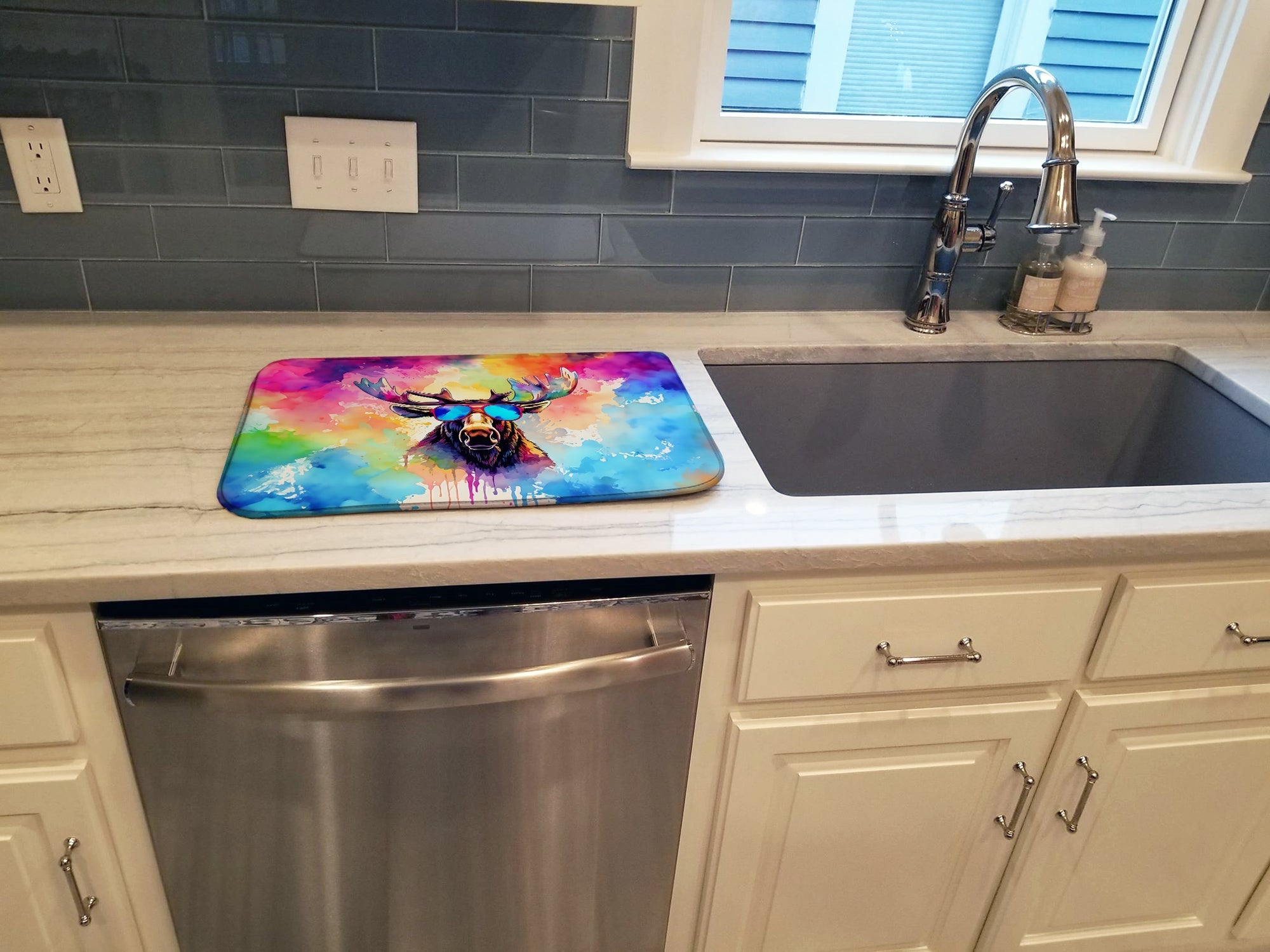 Hippie Animal Moose Dish Drying Mat Absorbent Dish Drying Mat Pad for Kitchen Counter Dish Drainer Mat for Countertop, 14 x 21", Multicolor
