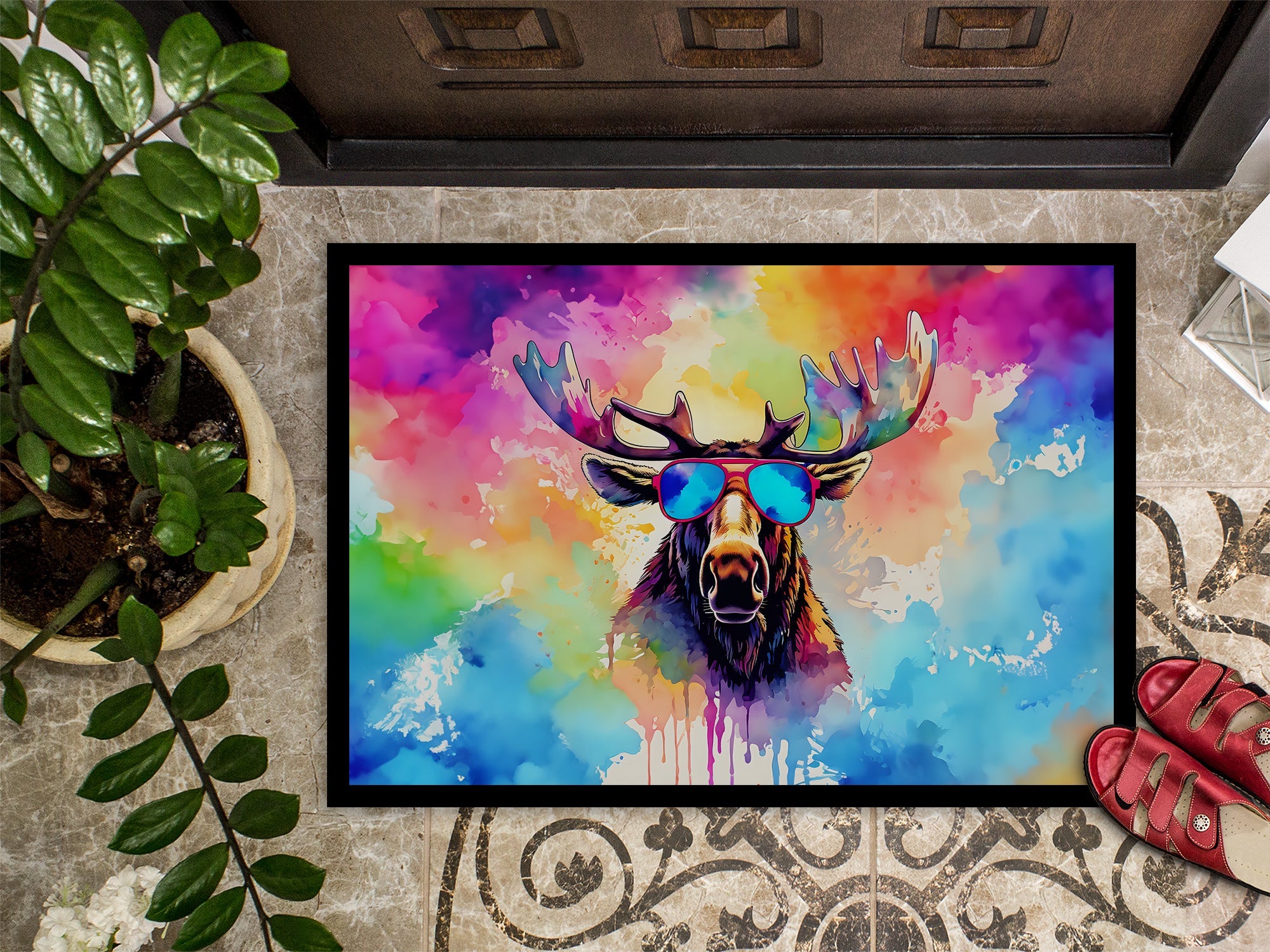 Hippie Animal Moose Doormat Indoor Outdoor 24H X 36W Front Door Mat Rugs for Entryway, Non Slip Washable Low Pile,
