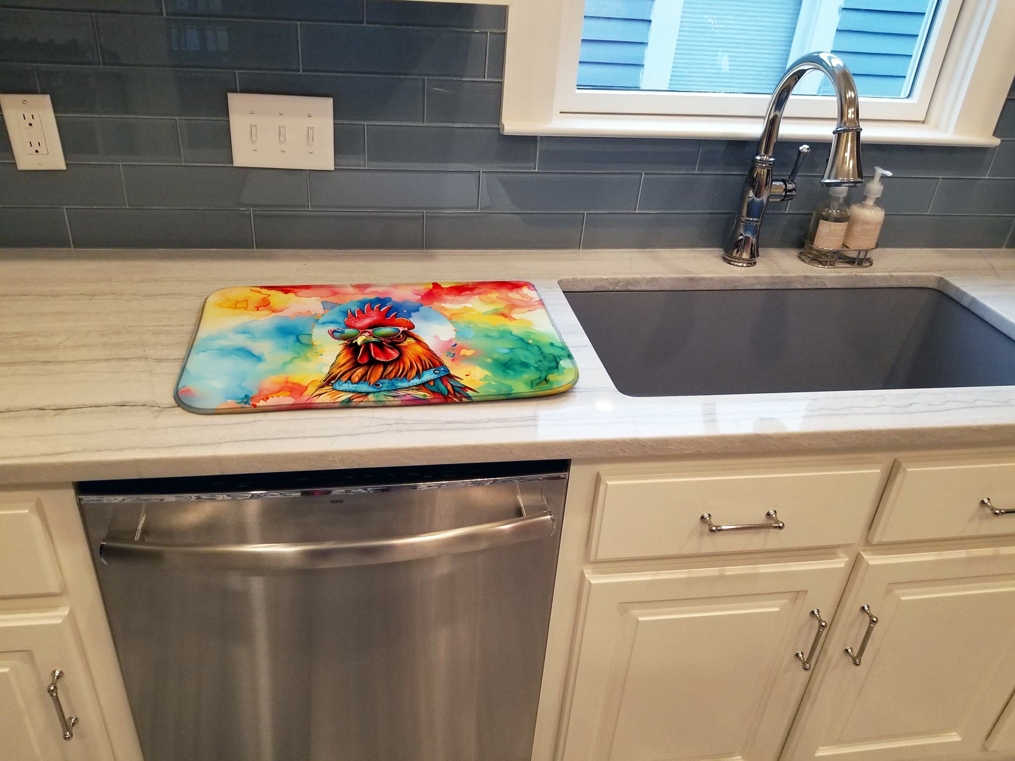 Hippie Animal Red Rooster Dish Drying Mat Absorbent Dish Drying Mat Pad for Kitchen Counter Dish Drainer Mat for Countertop, 14 x 21", Multicolor