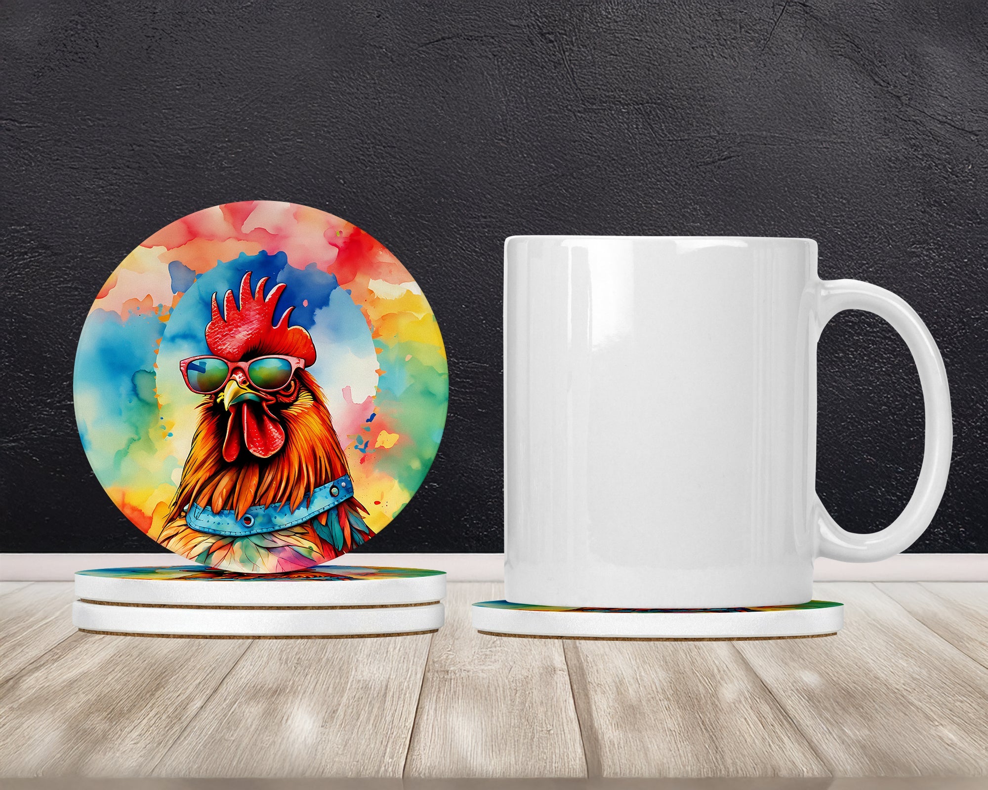 Hippie Animal Red Rooster Large Sandstone Coasters Pack of 4 Absorbent Round Coasters Decor Gifts for Men or Women, 4 in, Multicolor