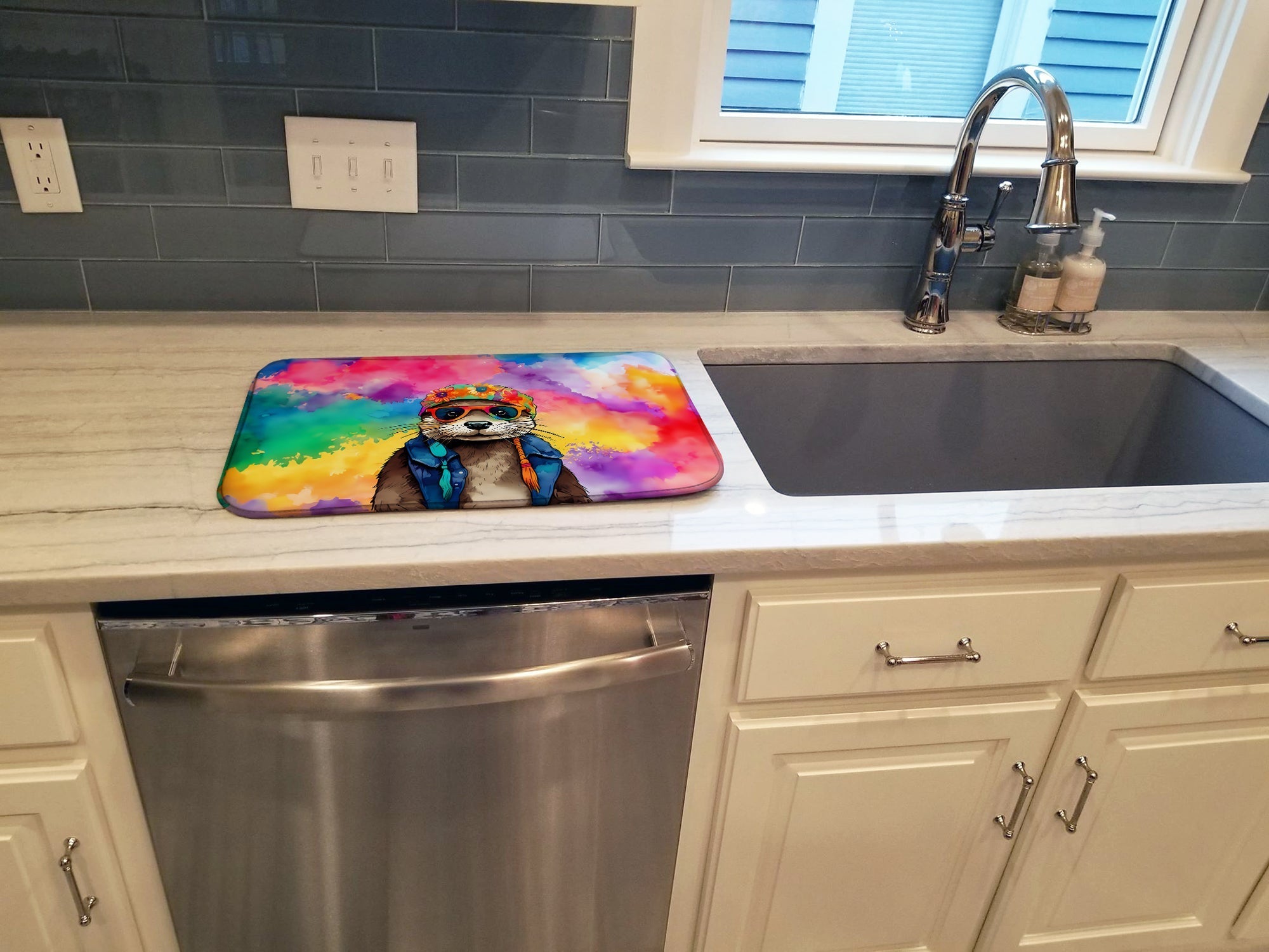 Hippie Animal Otter Dish Drying Mat Absorbent Dish Drying Mat Pad for Kitchen Counter Dish Drainer Mat for Countertop, 14 x 21", Multicolor