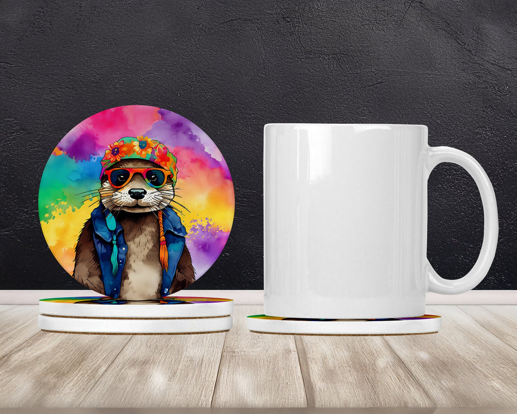 Hippie Animal Otter Large Sandstone Coasters Pack of 4 Absorbent Round Coasters Decor Gifts for Men or Women, 4 in, Multicolor