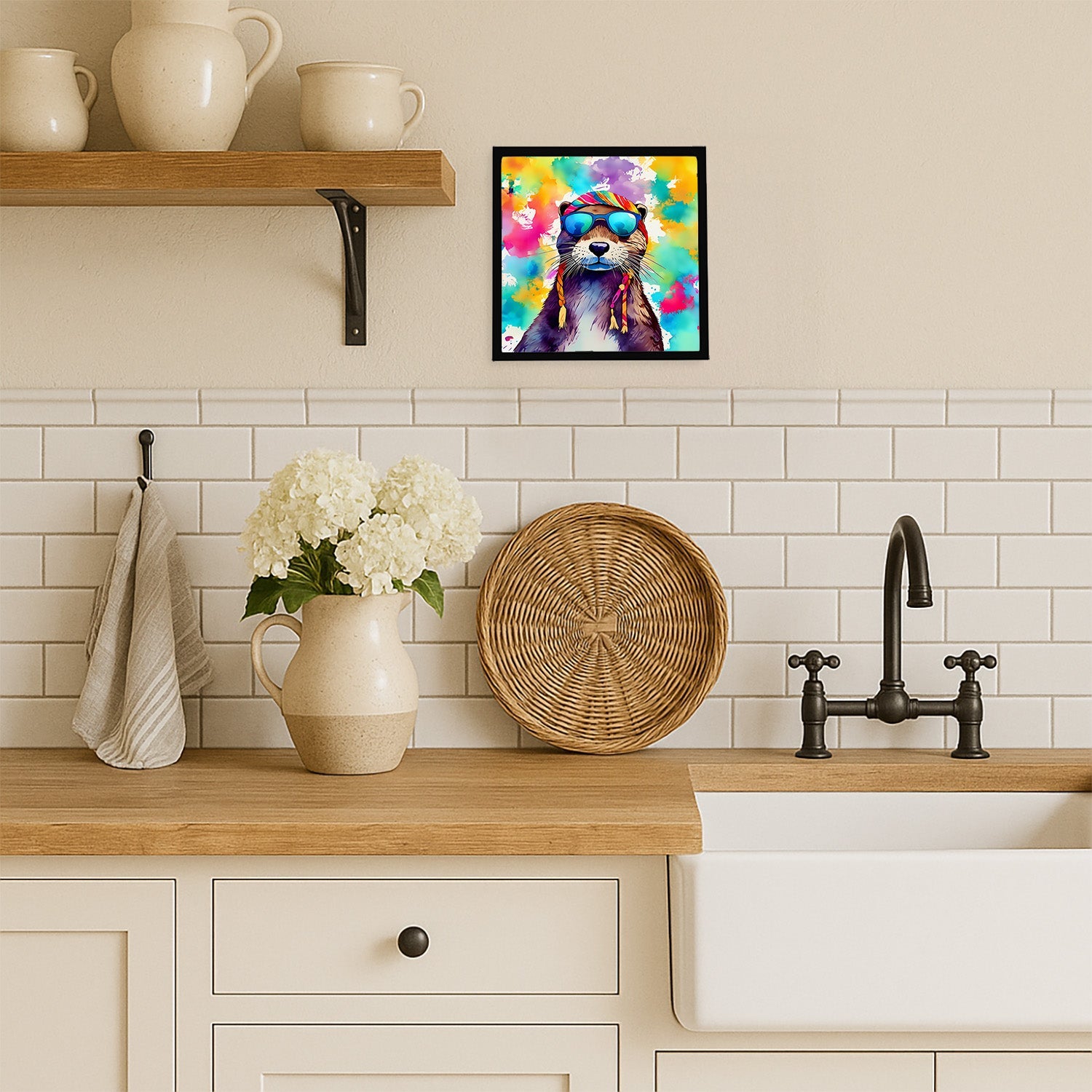 Hippie Animal Otter Framed Metal Print Bathroom, Kitchen, Office, Home Decor Wall Art Ready to Hang, Square, 8X8
