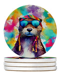 Hippie Animal Otter Large Sandstone Coasters Pack of 4 Absorbent Round Coasters Decor Gifts for Men or Women, 4 in, Multicolor