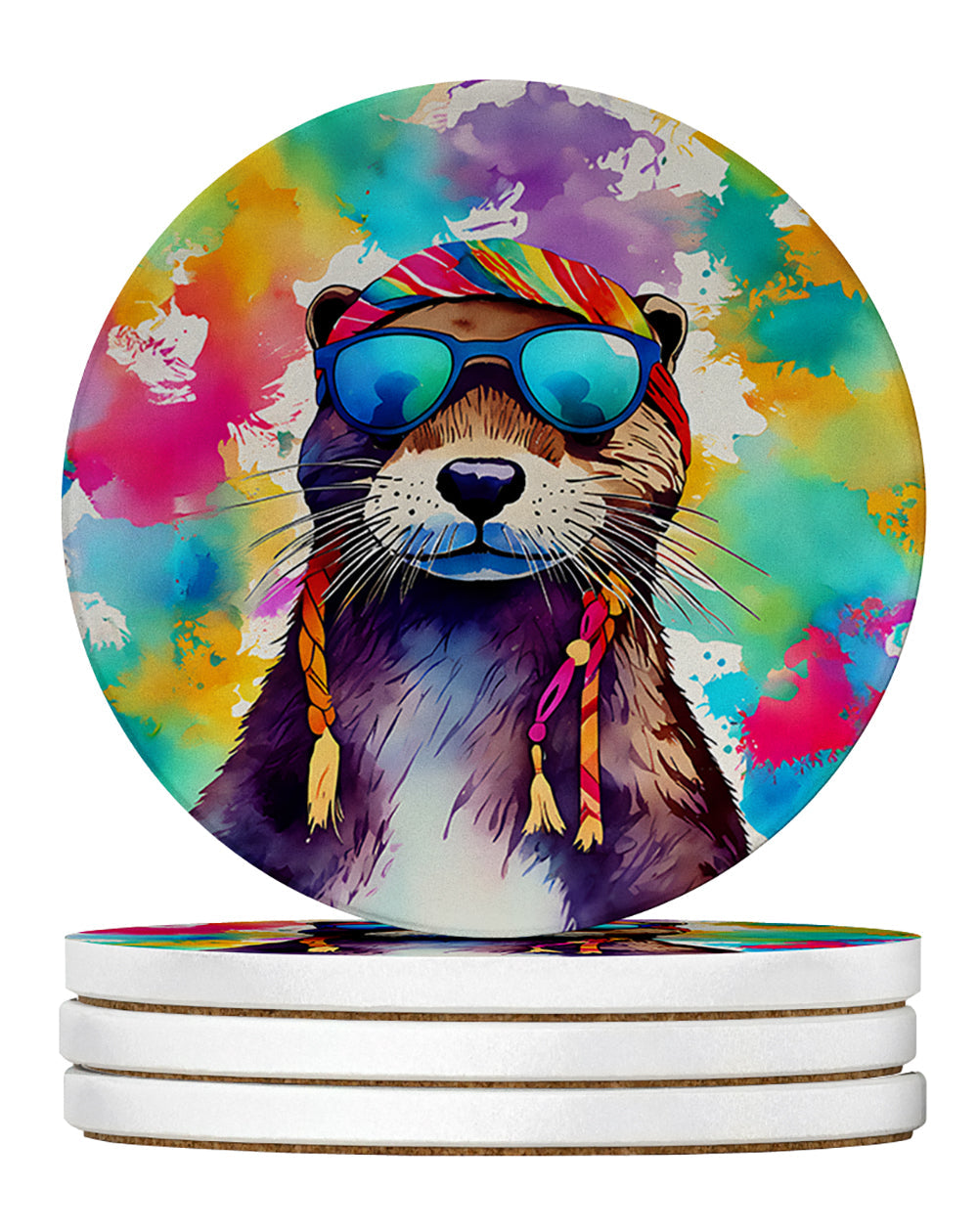 Hippie Animal Otter Large Sandstone Coasters Pack of 4 Absorbent Round Coasters Decor Gifts for Men or Women, 4 in, Multicolor