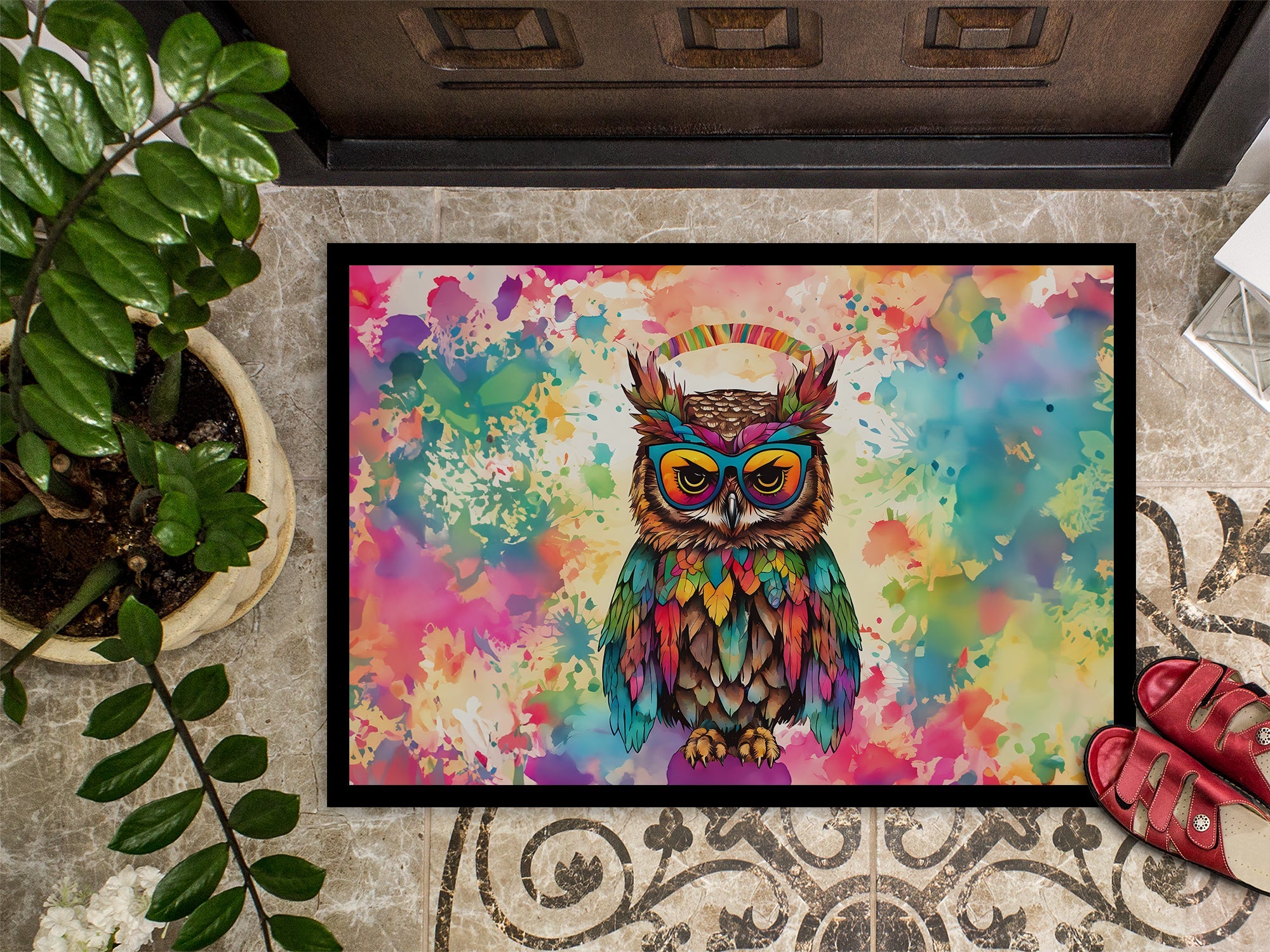Hippie Animal Owl Doormat Indoor Outdoor 24H X 36W Front Door Mat Rugs for Entryway, Non Slip Washable Low Pile,