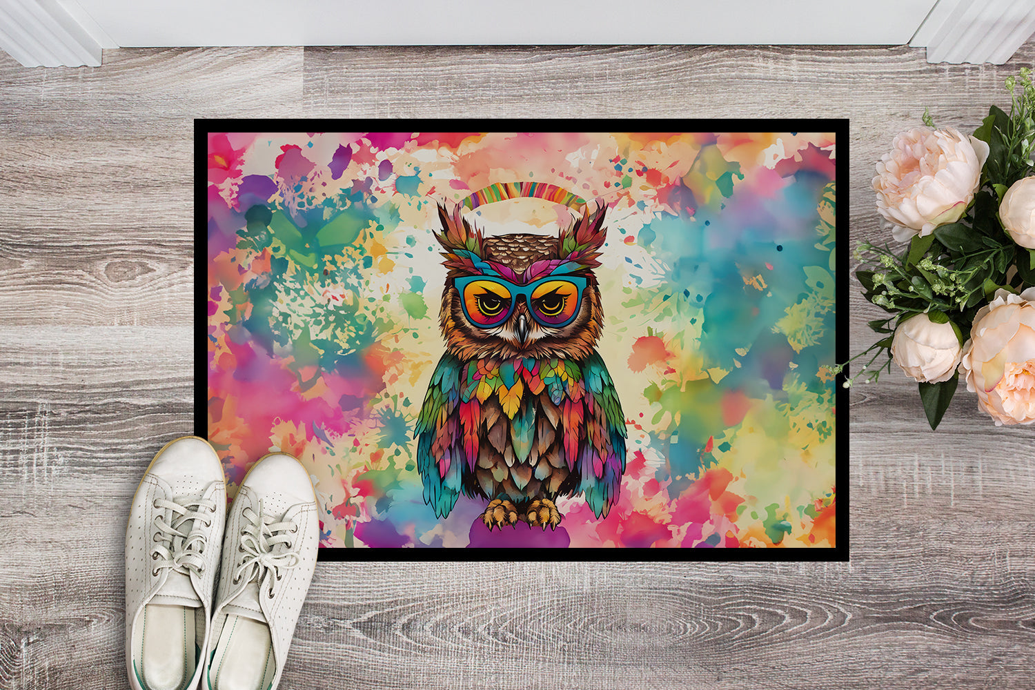 Hippie Animal Owl Doormat Indoor Outdoor 18H X 27W Front Door Mat Rugs for Entryway, Non Slip Washable