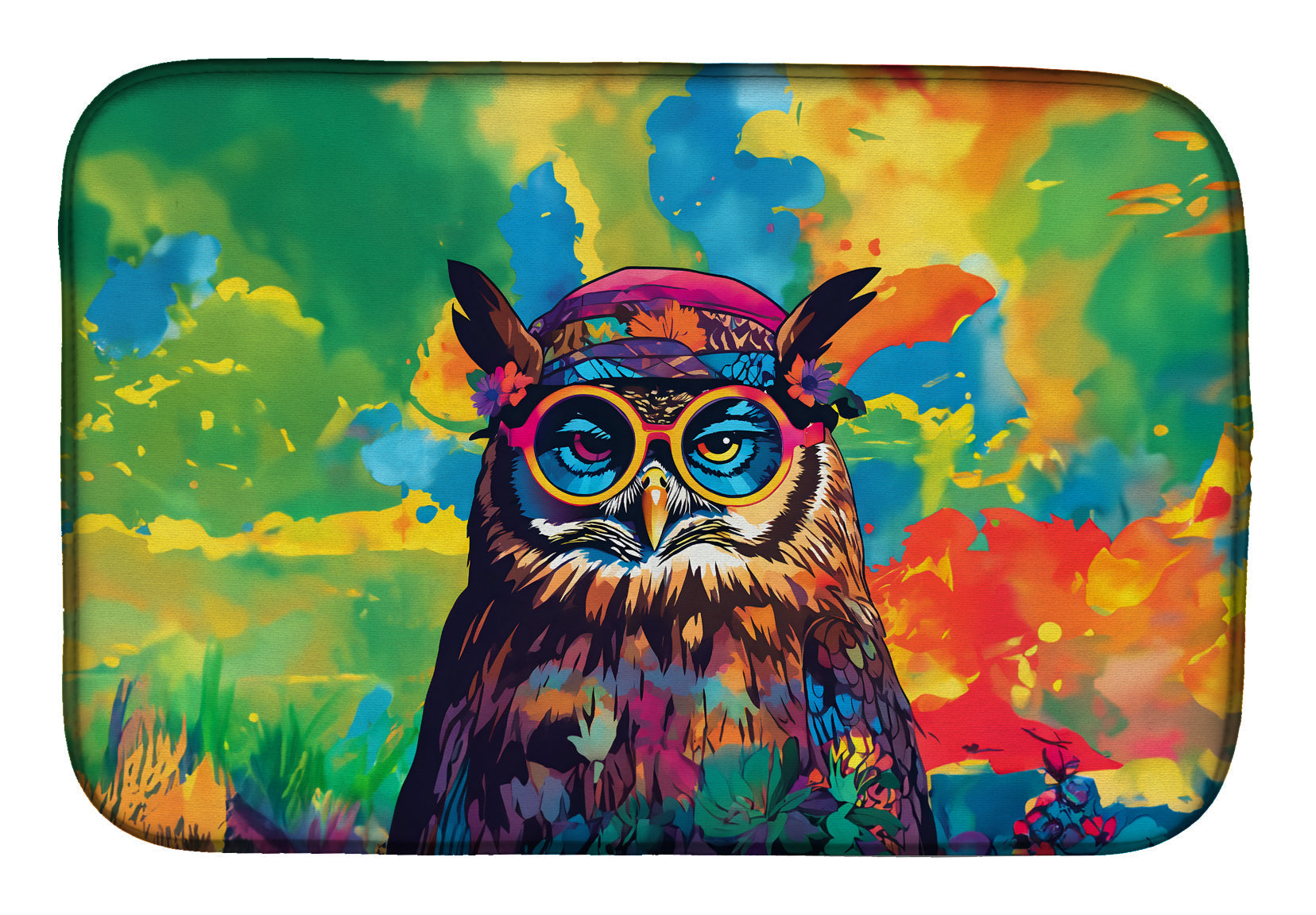 Hippie Animal Owl Dish Drying Mat Absorbent Dish Drying Mat Pad for Kitchen Counter Dish Drainer Mat for Countertop, 14 x 21", Multicolor