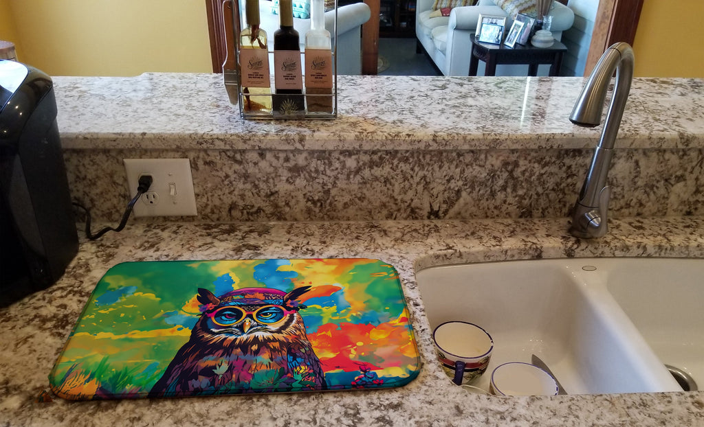 Hippie Animal Owl Dish Drying Mat Absorbent Dish Drying Mat Pad for Kitchen Counter Dish Drainer Mat for Countertop, 14 x 21", Multicolor