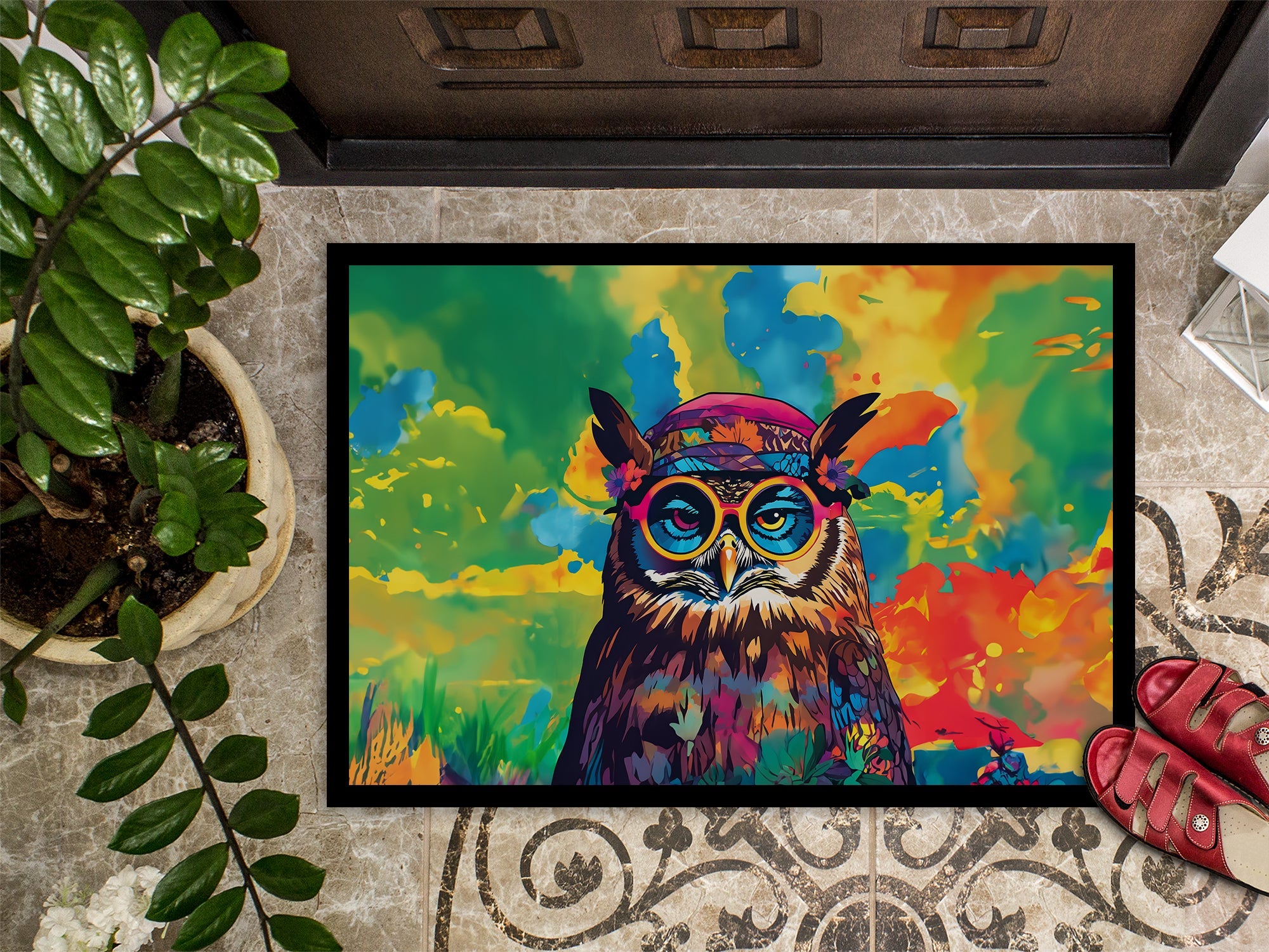 Hippie Animal Owl Doormat Indoor Outdoor 24H X 36W Front Door Mat Rugs for Entryway, Non Slip Washable Low Pile,