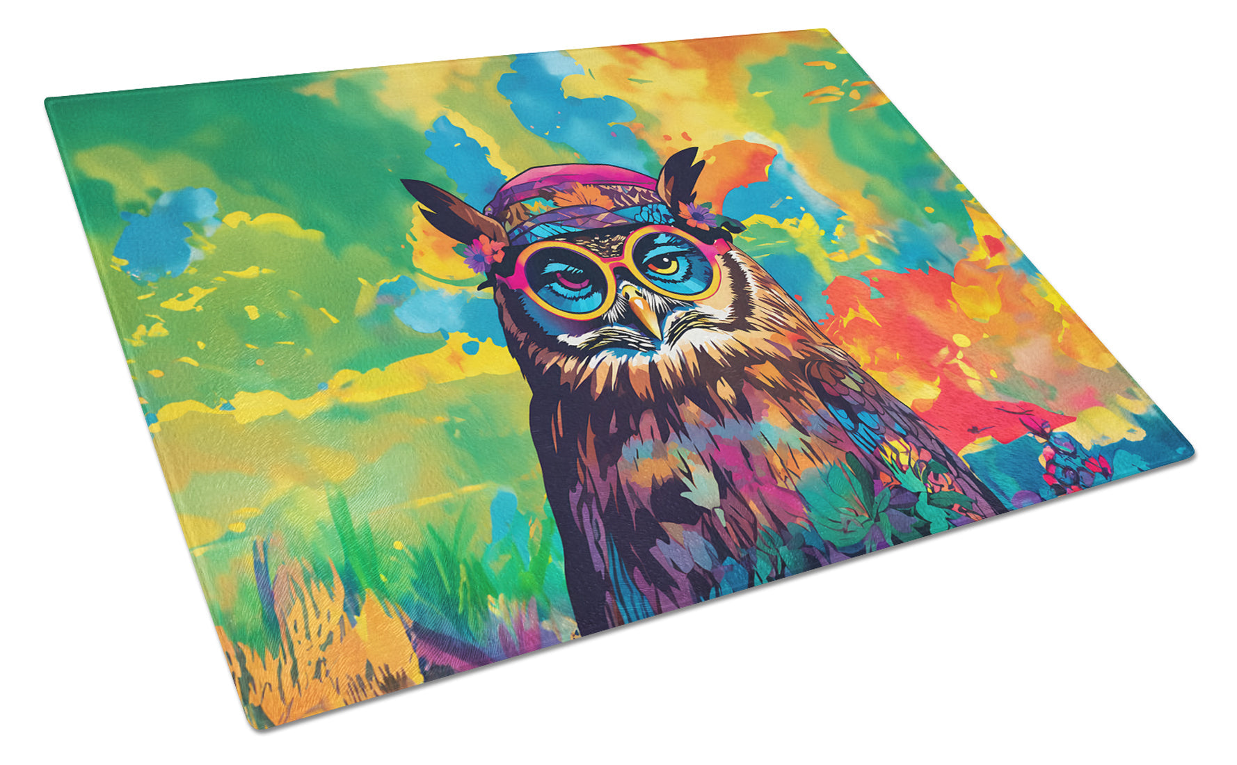 Hippie Animal Owl Cutting Board Tempered Glass Kitchen Cutting Surface, Heat Resistant Chopping, Non-Slip Feet, Food Prep & Serving