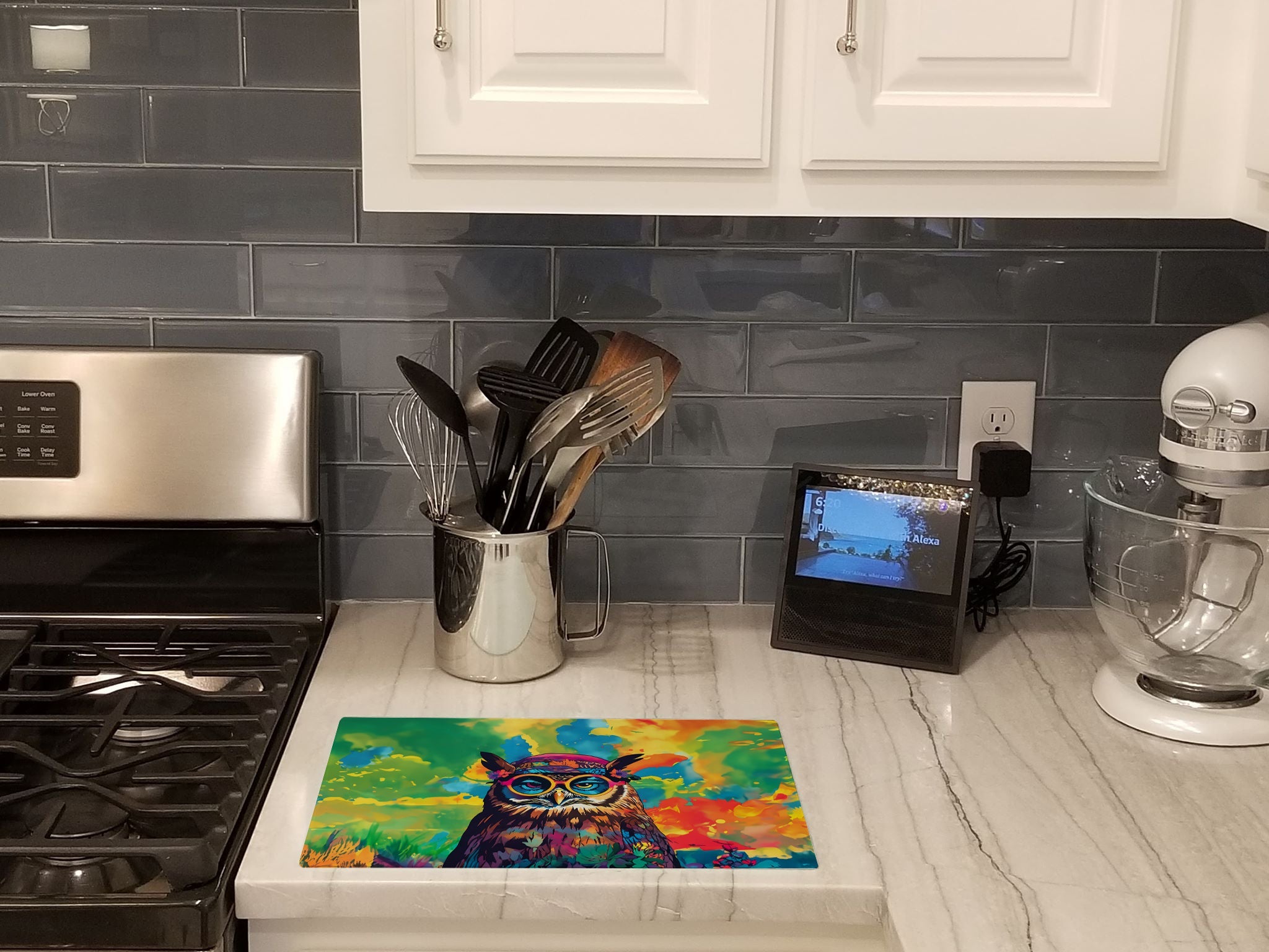 Hippie Animal Owl Cutting Board Tempered Glass Kitchen Cutting Surface, Heat Resistant Chopping, Non-Slip Feet, Food Prep & Serving