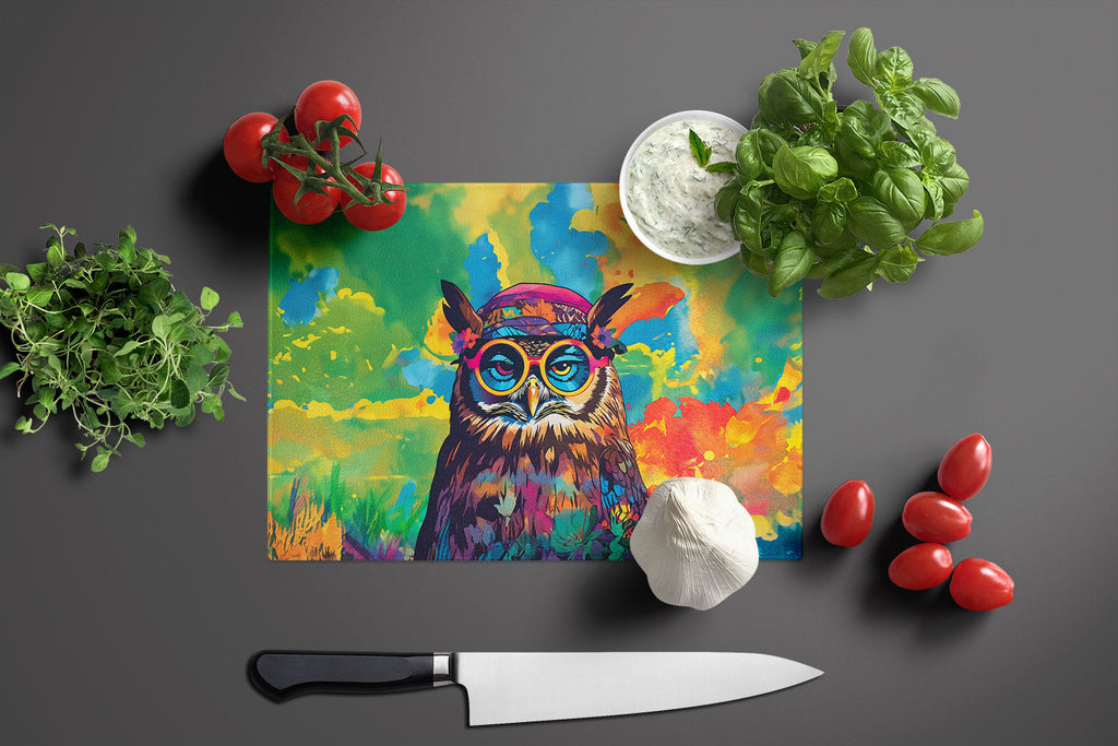 Hippie Animal Owl Cutting Board Tempered Glass Kitchen Cutting Surface, Heat Resistant Chopping, Non-Slip Feet, Food Prep & Serving