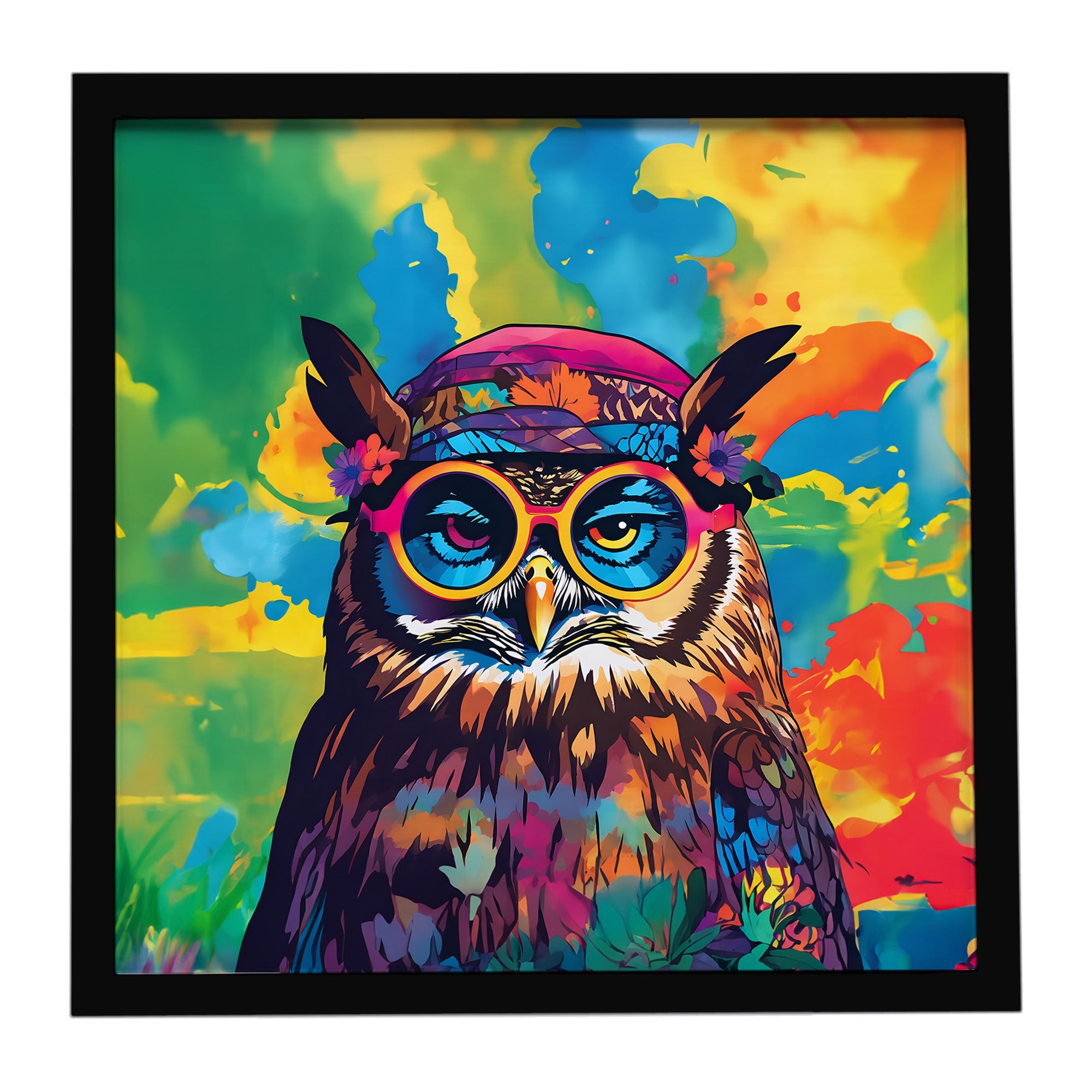 Hippie Animal Owl Framed Metal Print Bathroom, Kitchen, Office, Home Decor Wall Art Ready to Hang, Square, 8X8