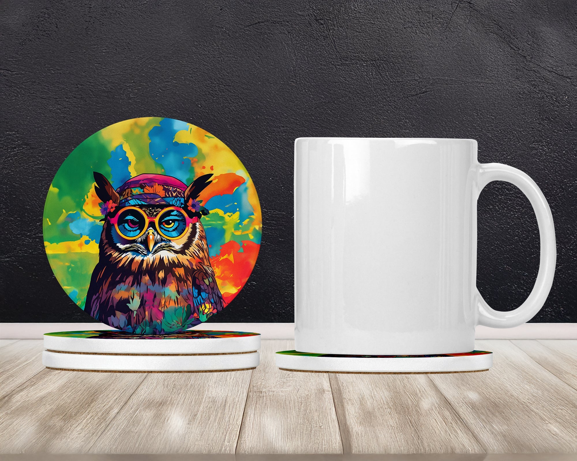Hippie Animal Owl Large Sandstone Coasters Pack of 4 Absorbent Round Coasters Decor Gifts for Men or Women, 4 in, Multicolor