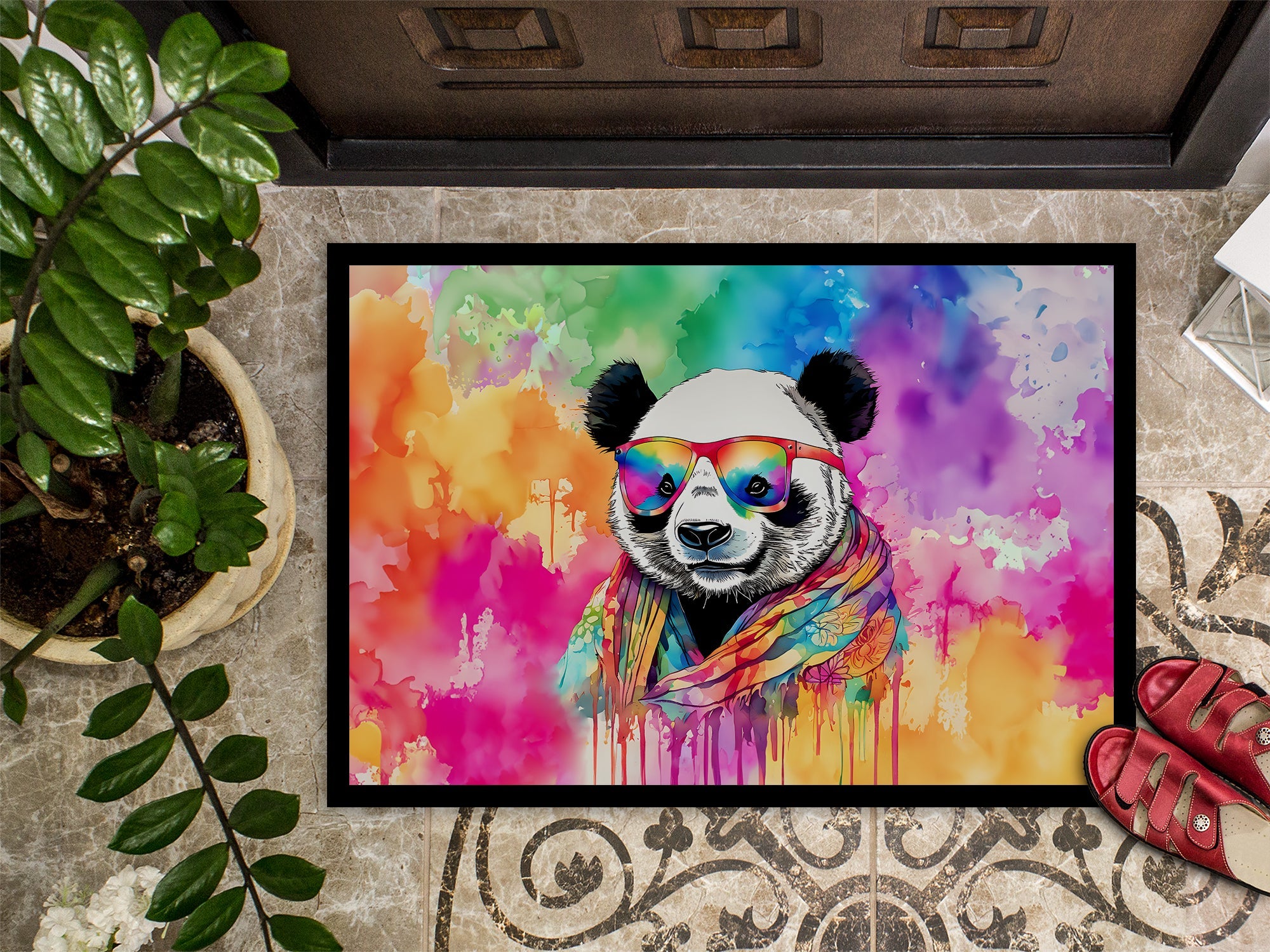 Hippie Animal Panda Doormat Indoor Outdoor 24H X 36W Front Door Mat Rugs for Entryway, Non Slip Washable Low Pile,