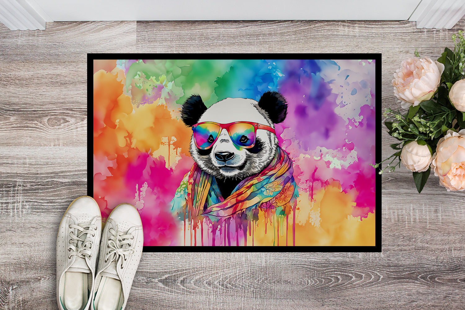 Hippie Animal Panda Doormat Indoor Outdoor 18H X 27W Front Door Mat Rugs for Entryway, Non Slip Washable