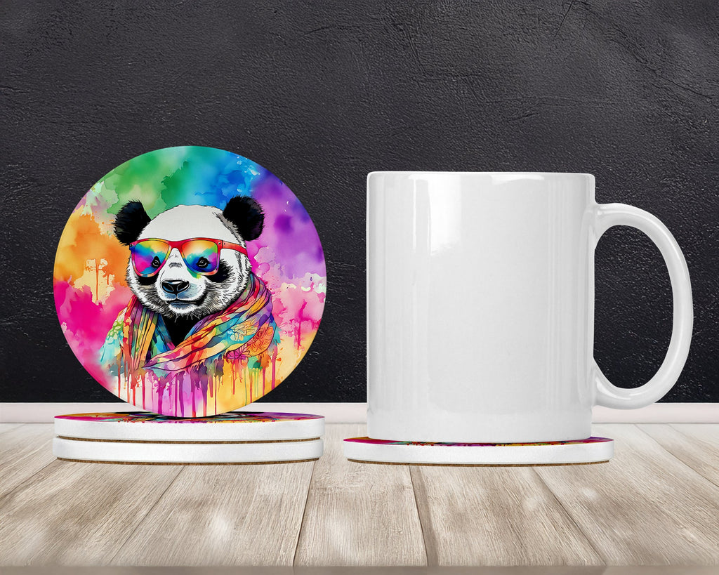 Hippie Animal Panda Large Sandstone Coasters Pack of 4 Absorbent Round Coasters Decor Gifts for Men or Women, 4 in, Multicolor