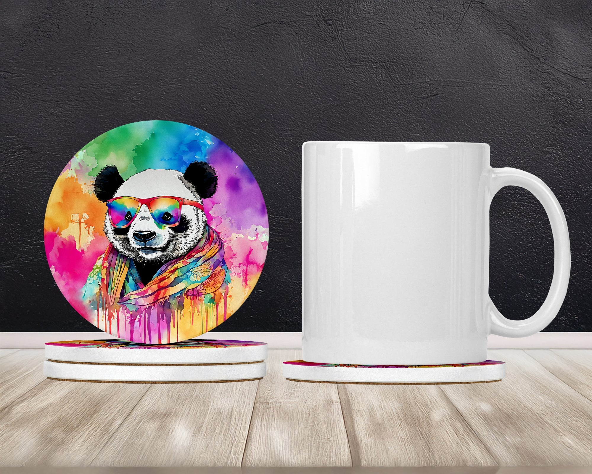 Hippie Animal Panda Large Sandstone Coasters Pack of 4 Absorbent Round Coasters Decor Gifts for Men or Women, 4 in, Multicolor