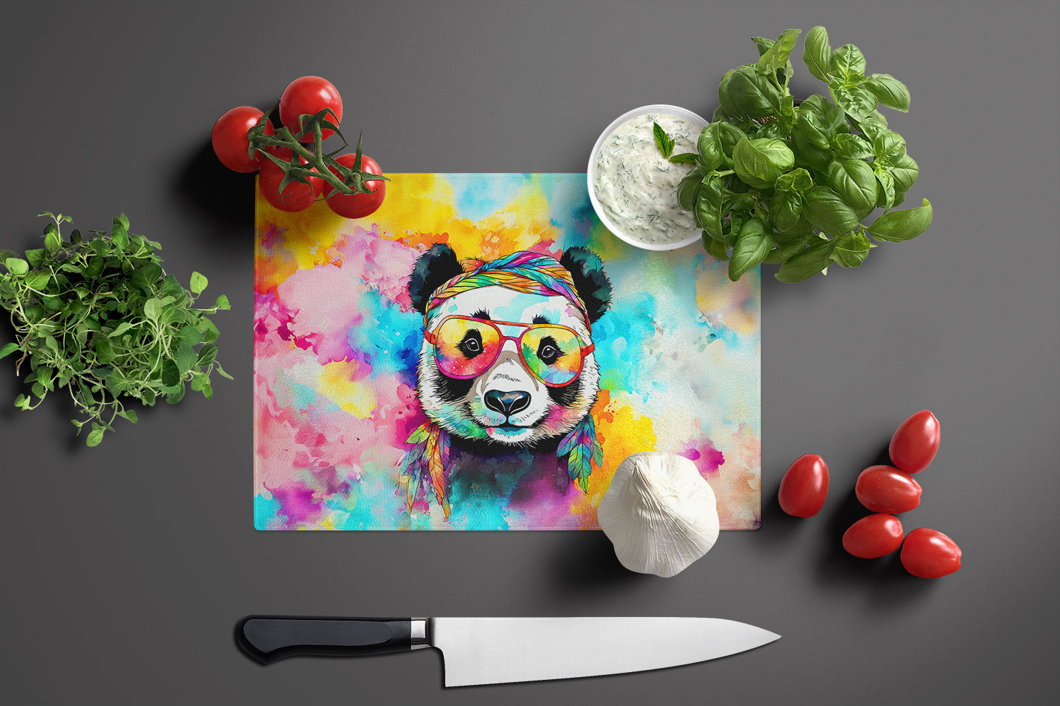 Hippie Animal Panda Cutting Board Tempered Glass Kitchen Cutting Surface, Heat Resistant Chopping, Non-Slip Feet, Food Prep & Serving