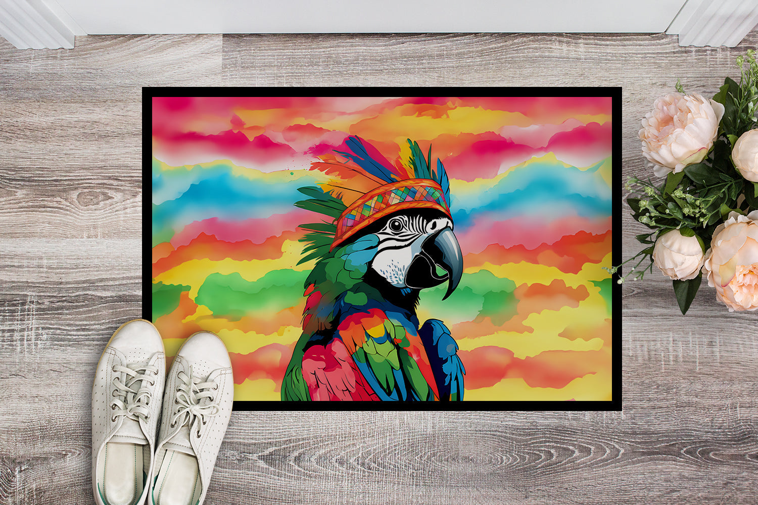 Hippie Animal Parrot Doormat Indoor Outdoor 24H X 36W Front Door Mat Rugs for Entryway, Non Slip Washable Low Pile,