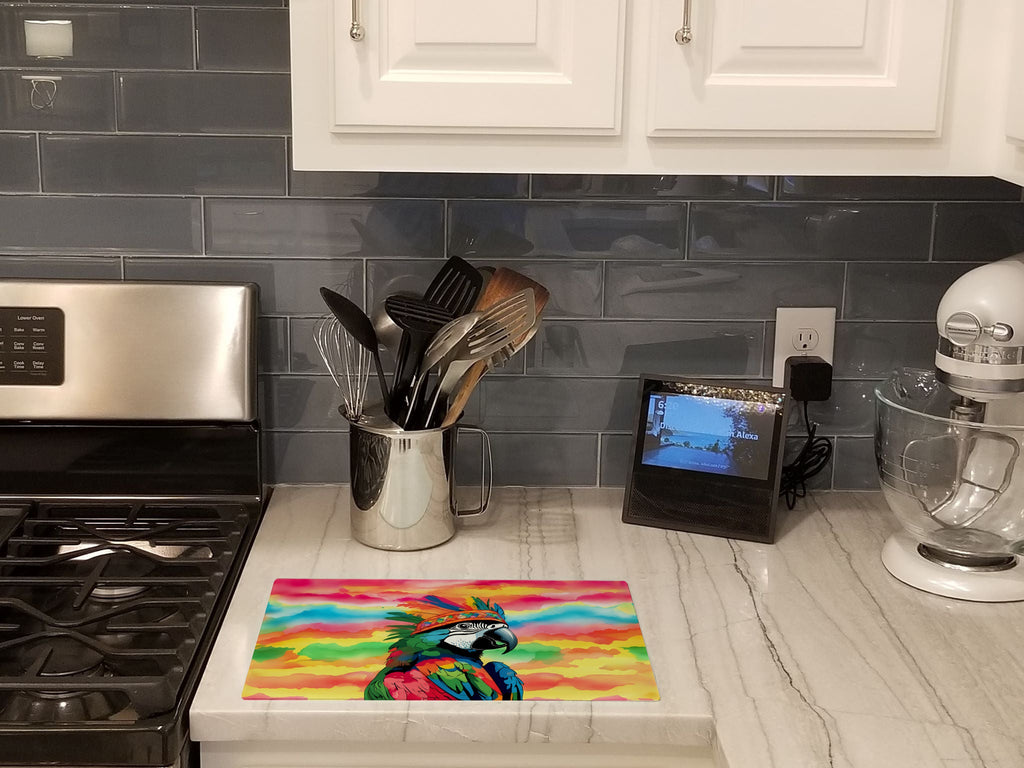 Hippie Animal Parrot Cutting Board Tempered Glass Kitchen Cutting Surface, Heat Resistant Chopping, Non-Slip Feet, Food Prep & Serving