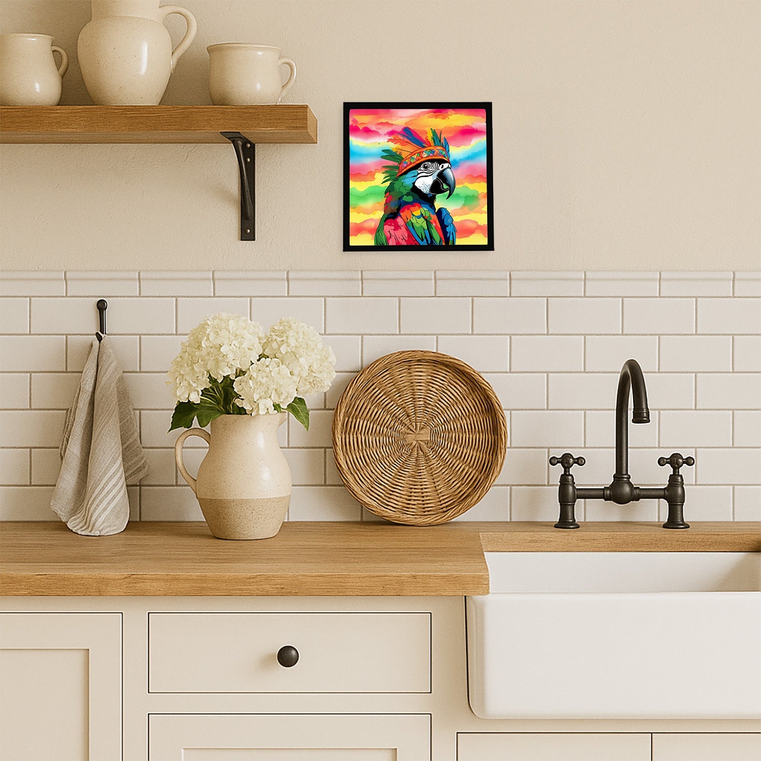 Hippie Animal Parrot Framed Metal Print Bathroom, Kitchen, Office, Home Decor Wall Art Ready to Hang, Square, 8X8