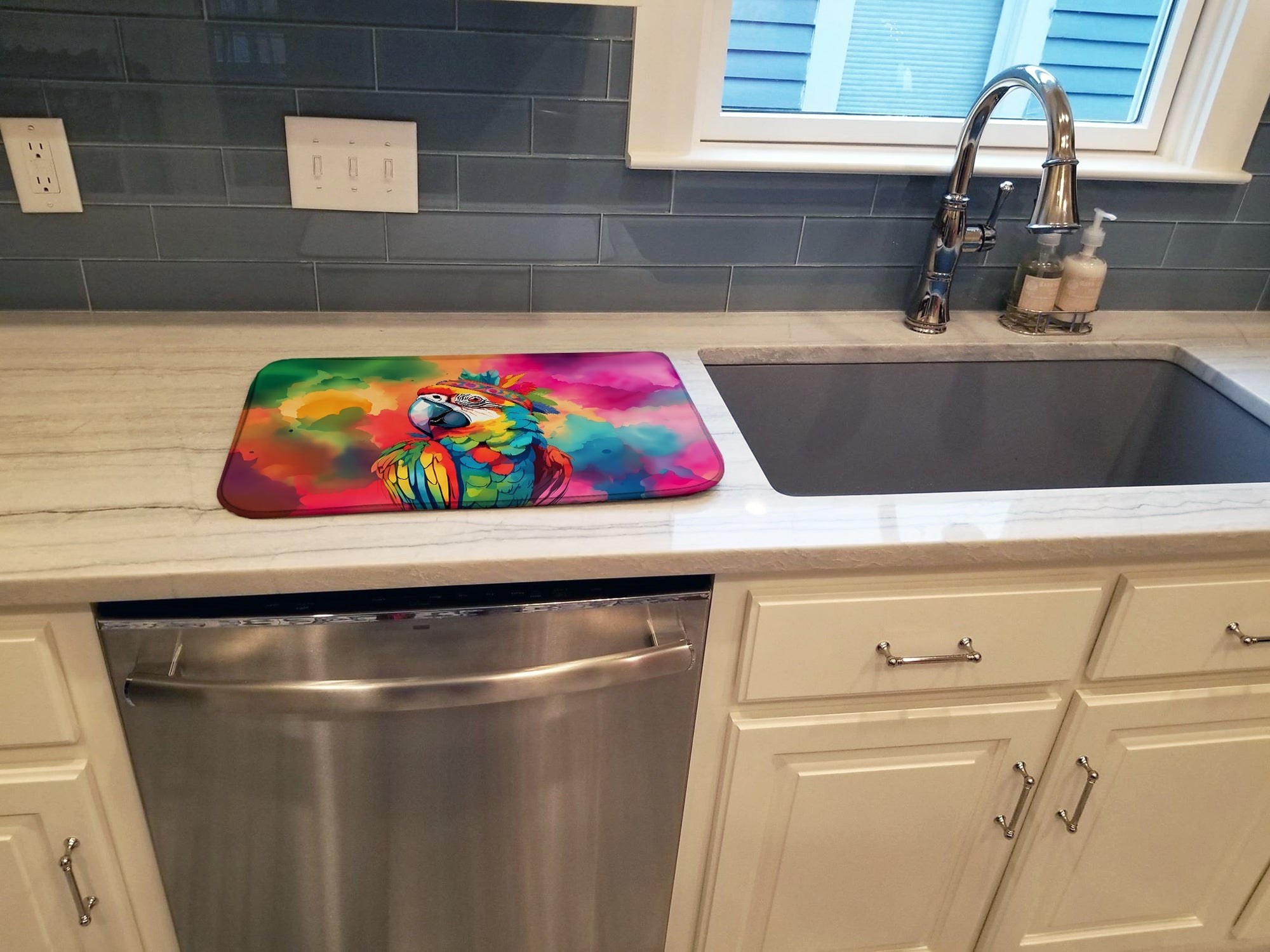 Hippie Animal Parrot Dish Drying Mat Absorbent Dish Drying Mat Pad for Kitchen Counter Dish Drainer Mat for Countertop, 14 x 21", Multicolor