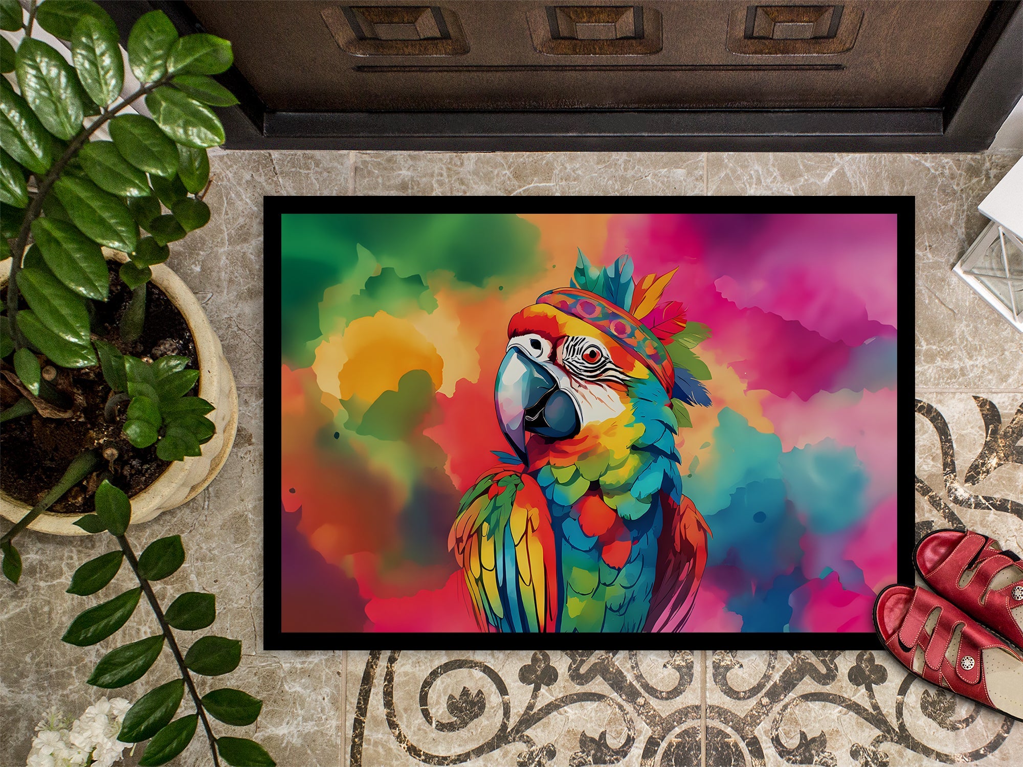 Hippie Animal Parrot Doormat Indoor Outdoor 24H X 36W Front Door Mat Rugs for Entryway, Non Slip Washable Low Pile,