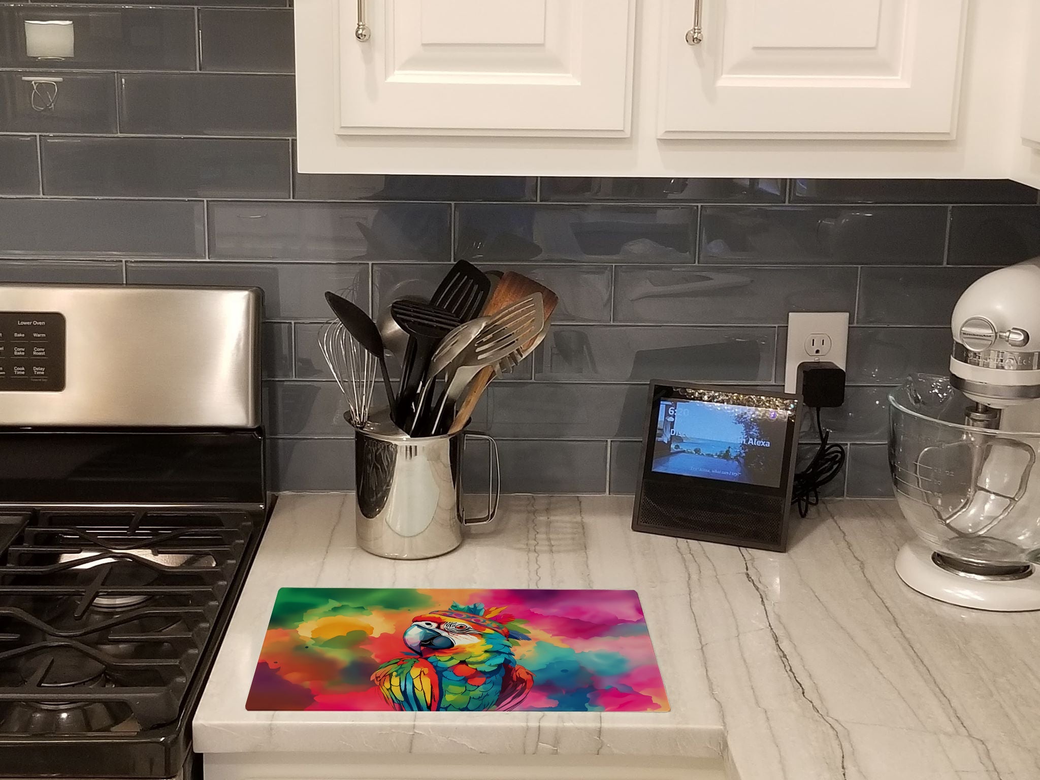 Hippie Animal Parrot Cutting Board Tempered Glass Kitchen Cutting Surface, Heat Resistant Chopping, Non-Slip Feet, Food Prep & Serving