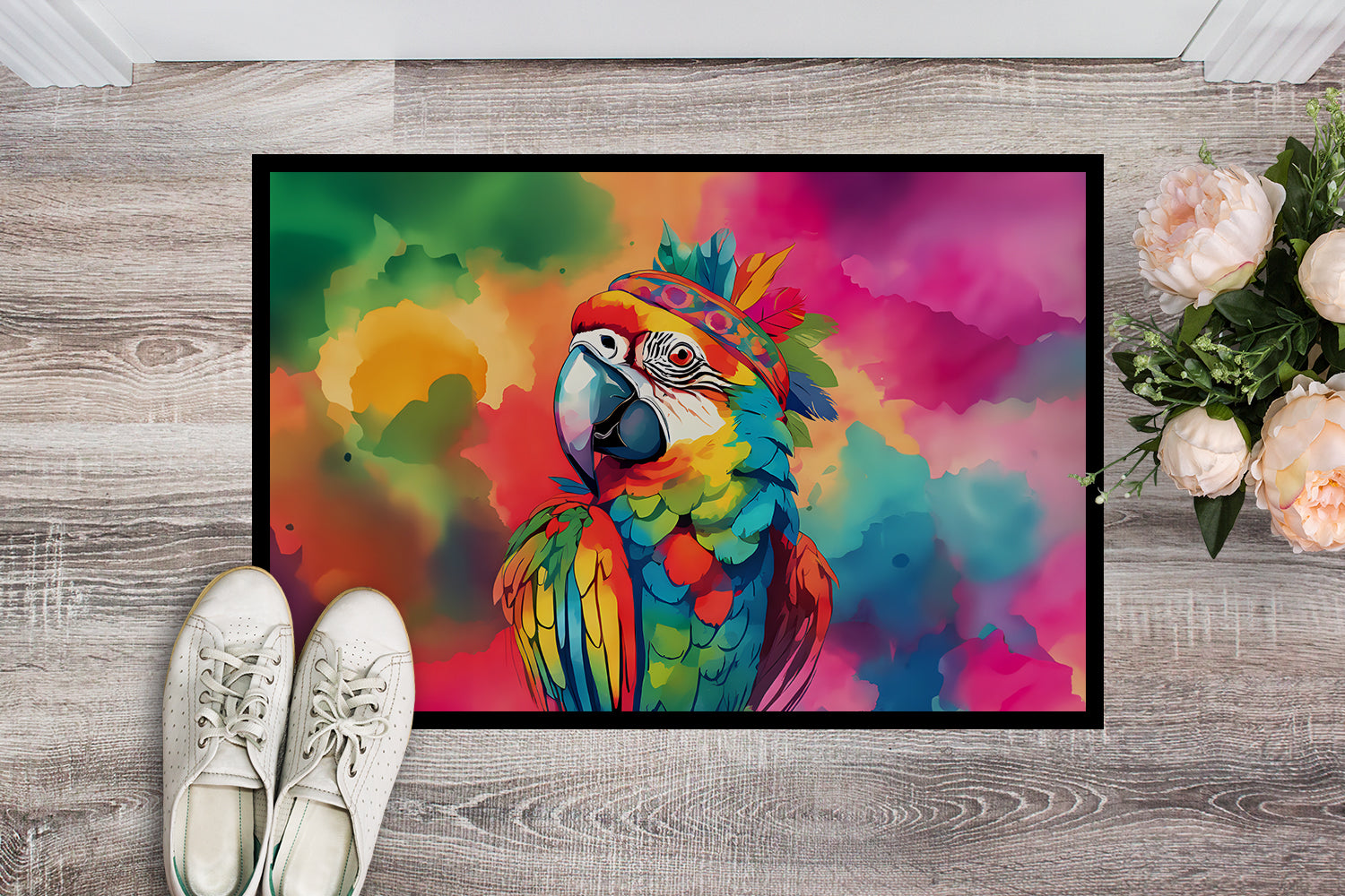 Hippie Animal Parrot Doormat Indoor Outdoor 18H X 27W Front Door Mat Rugs for Entryway, Non Slip Washable