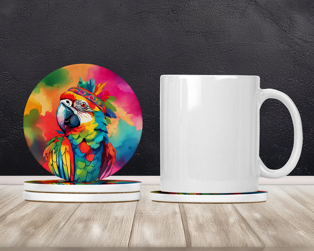 Hippie Animal Parrot Large Sandstone Coasters Pack of 4 Absorbent Round Coasters Decor Gifts for Men or Women, 4 in, Multicolor