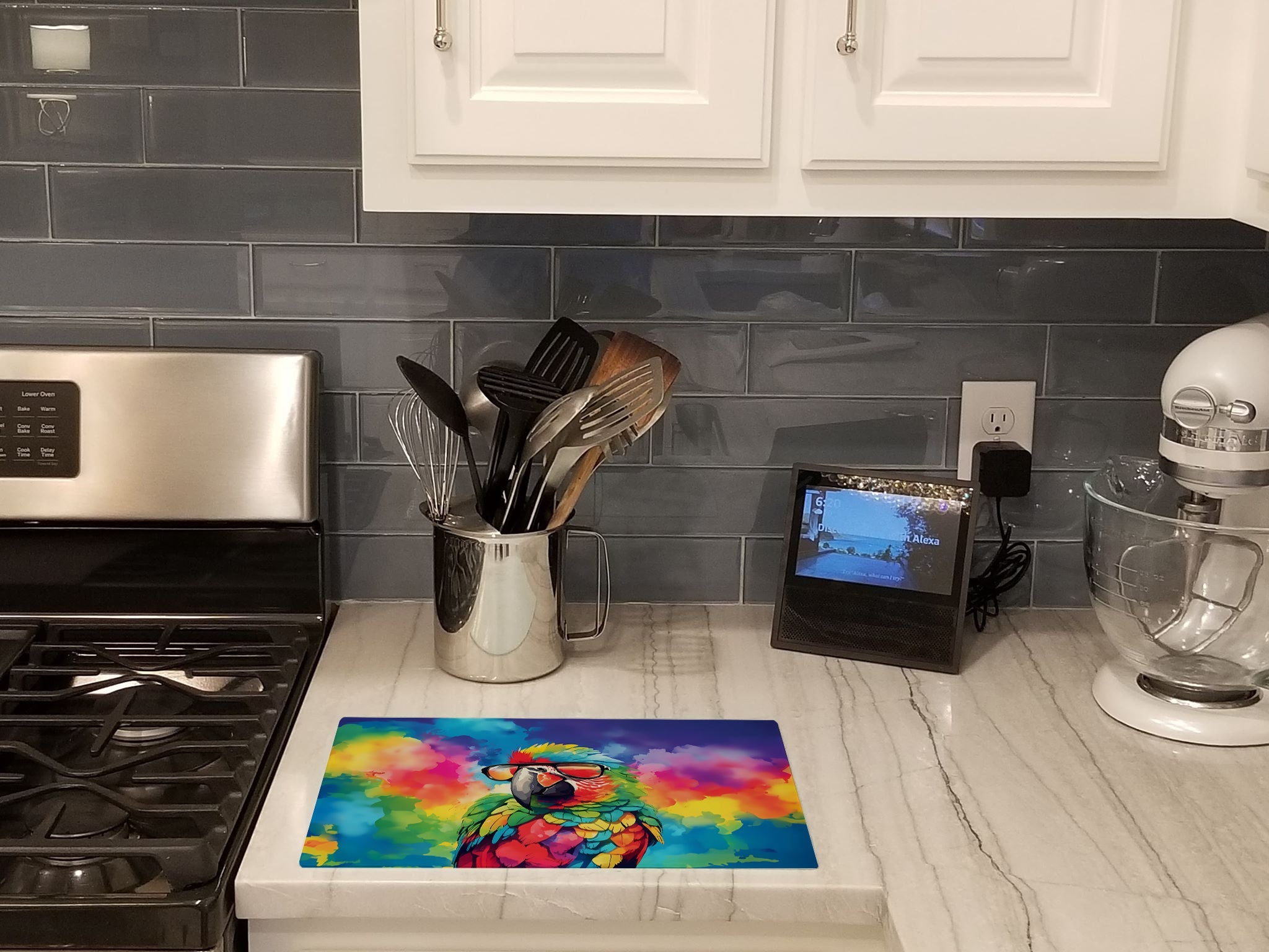 Hippie Animal Parrot Cutting Board Tempered Glass Kitchen Cutting Surface, Heat Resistant Chopping, Non-Slip Feet, Food Prep & Serving