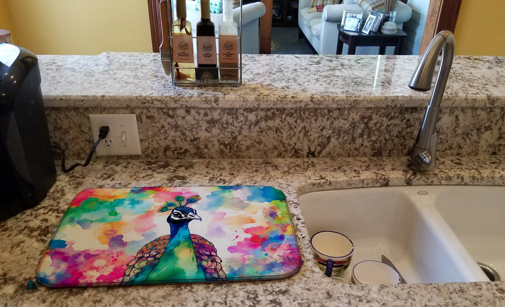 Hippie Animal Peacock Dish Drying Mat Absorbent Dish Drying Mat Pad for Kitchen Counter Dish Drainer Mat for Countertop, 14 x 21", Multicolor
