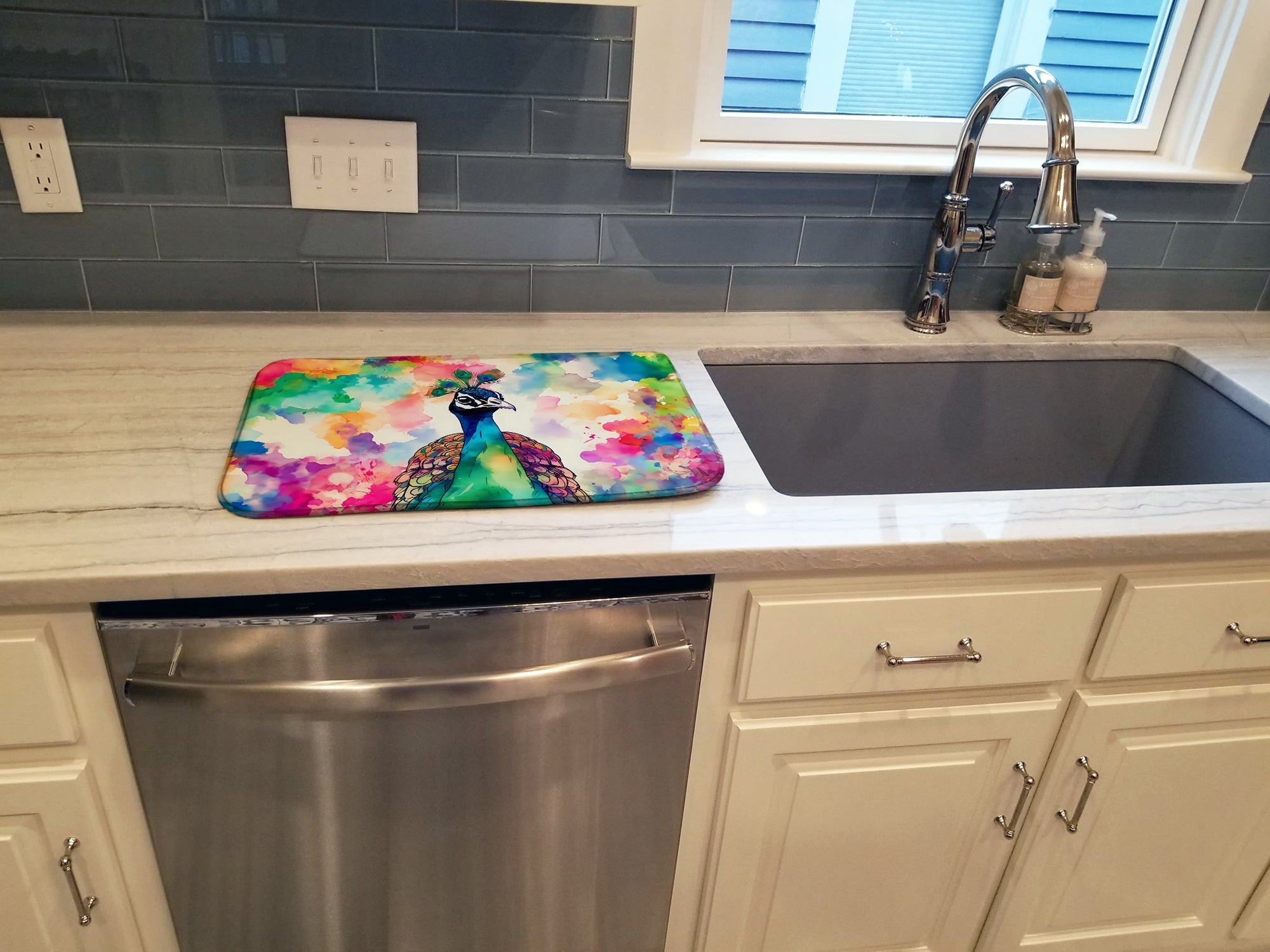 Hippie Animal Peacock Dish Drying Mat Absorbent Dish Drying Mat Pad for Kitchen Counter Dish Drainer Mat for Countertop, 14 x 21", Multicolor