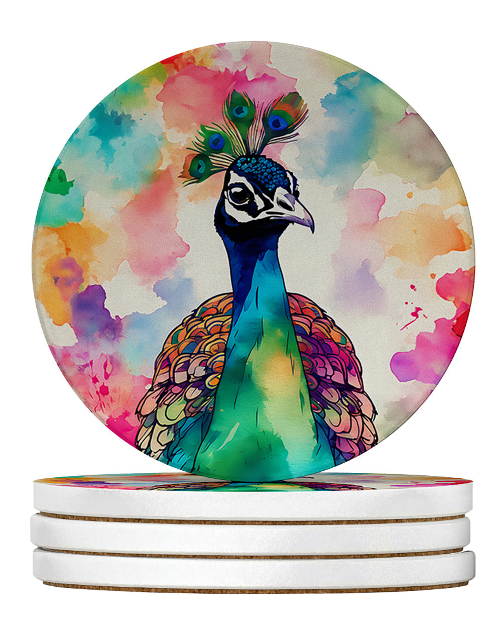 Hippie Animal Peacock Large Sandstone Coasters Pack of 4 Absorbent Round Coasters Decor Gifts for Men or Women, 4 in, Multicolor