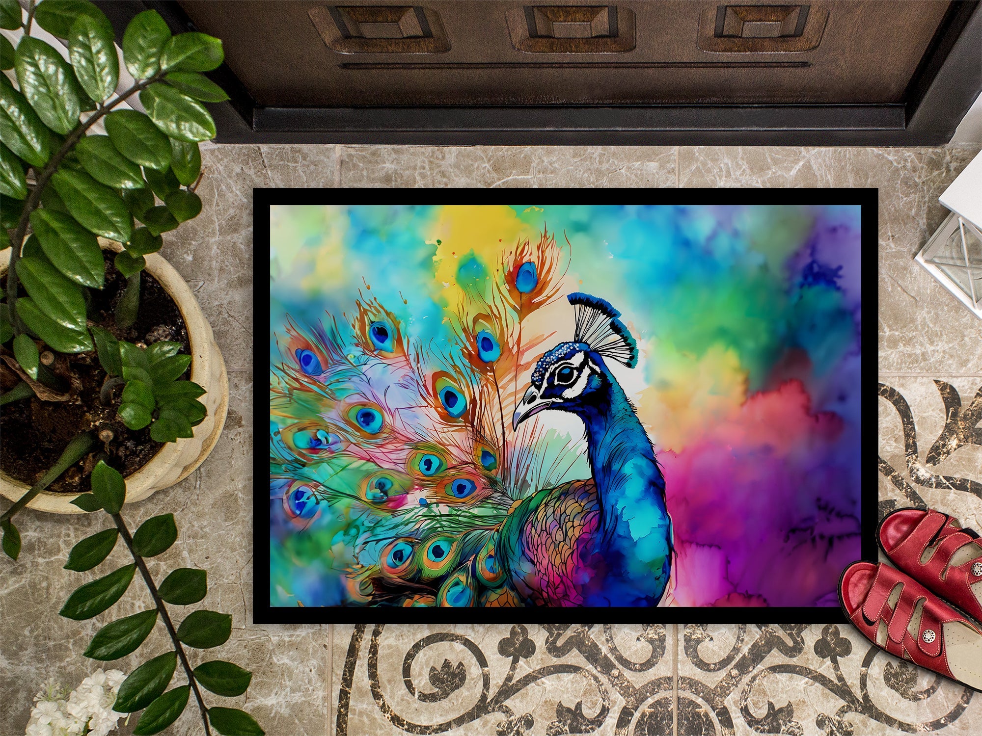 Hippie Animal Peacock Doormat Indoor Outdoor 24H X 36W Front Door Mat Rugs for Entryway, Non Slip Washable Low Pile,