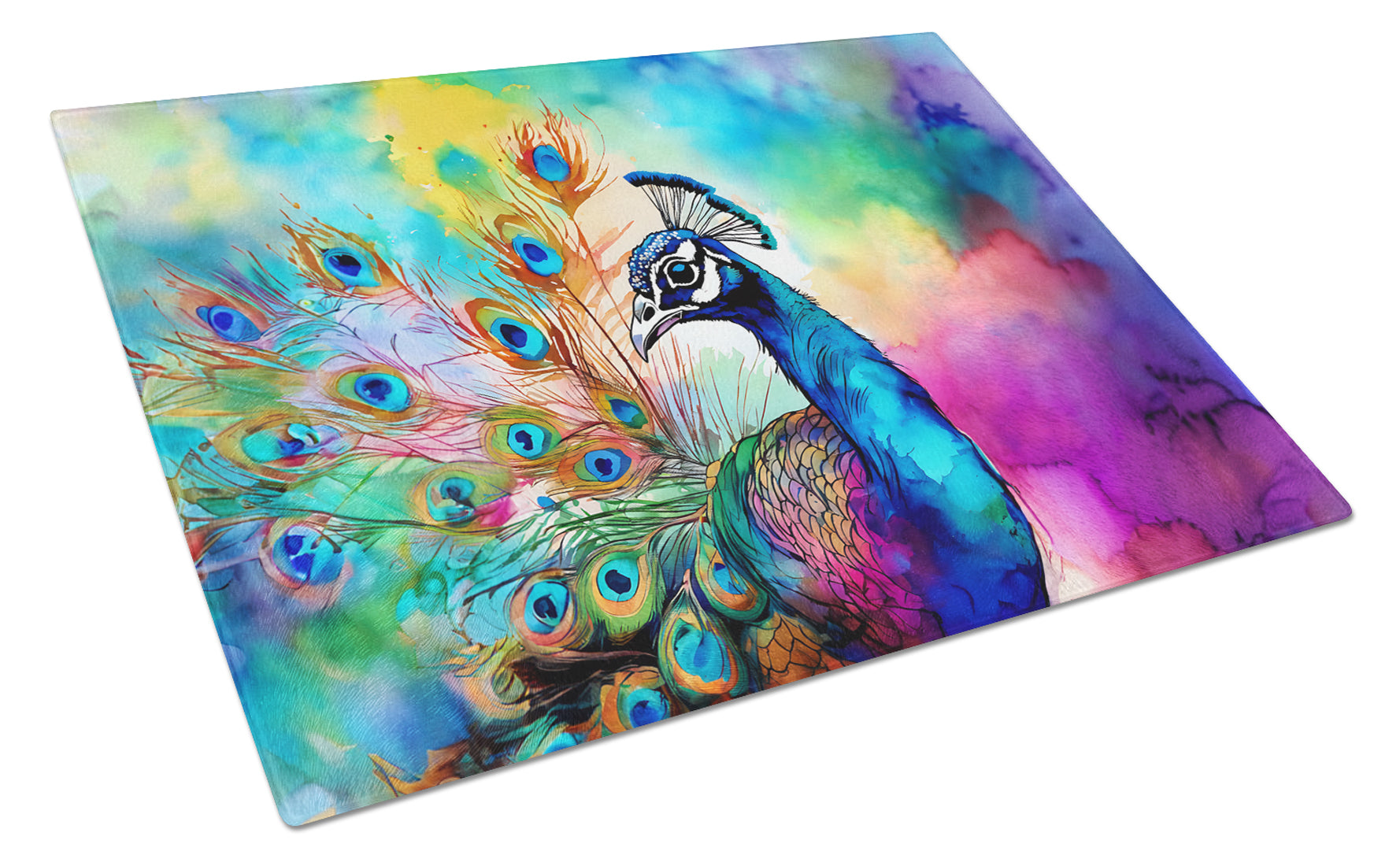 Hippie Animal Peacock Cutting Board Tempered Glass Kitchen Cutting Surface, Heat Resistant Chopping, Non-Slip Feet, Food Prep & Serving