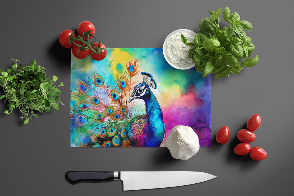 Hippie Animal Peacock Cutting Board Tempered Glass Kitchen Cutting Surface, Heat Resistant Chopping, Non-Slip Feet, Food Prep & Serving