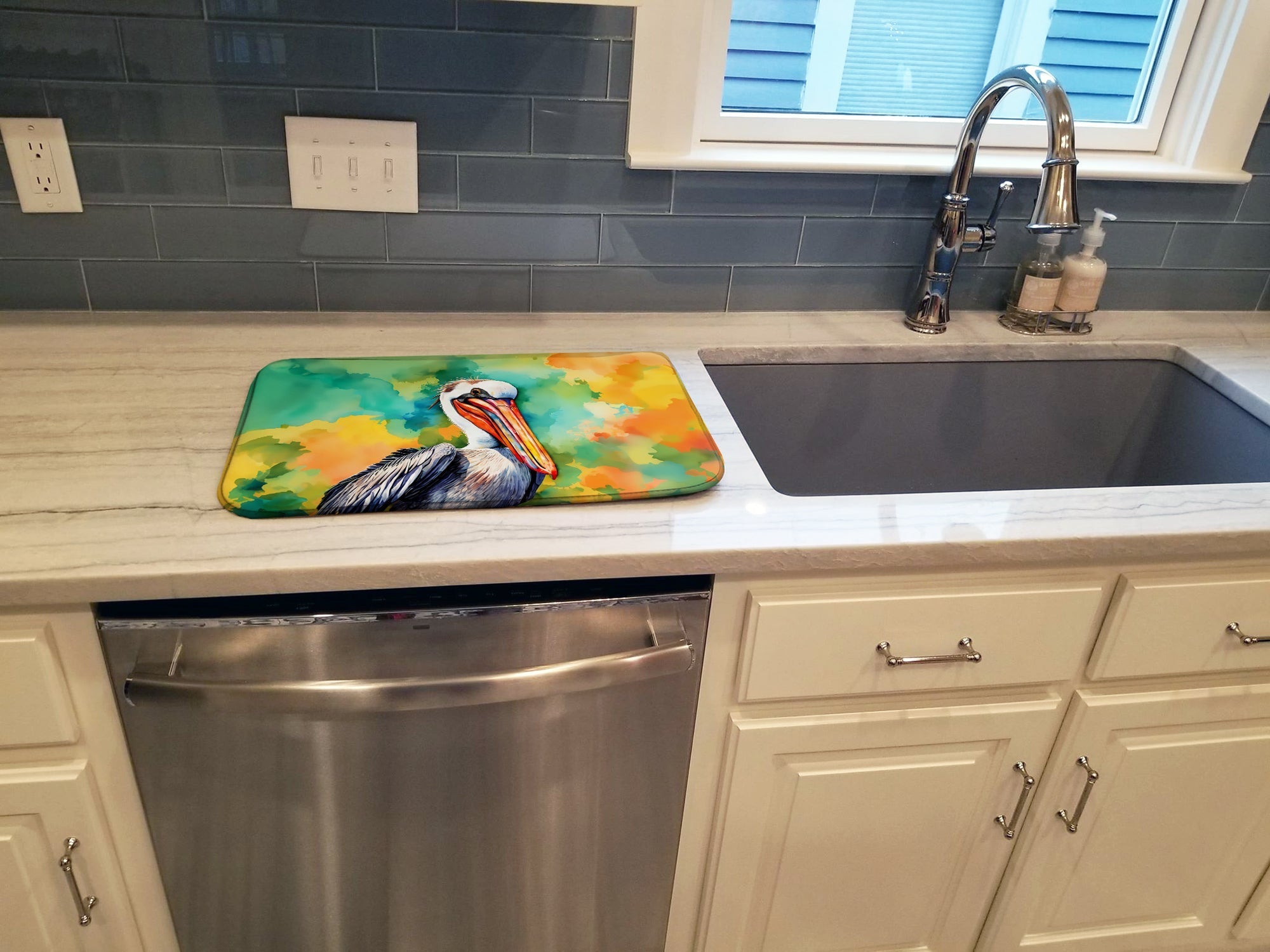 Hippie Animal Pelican Dish Drying Mat Absorbent Dish Drying Mat Pad for Kitchen Counter Dish Drainer Mat for Countertop, 14 x 21", Multicolor