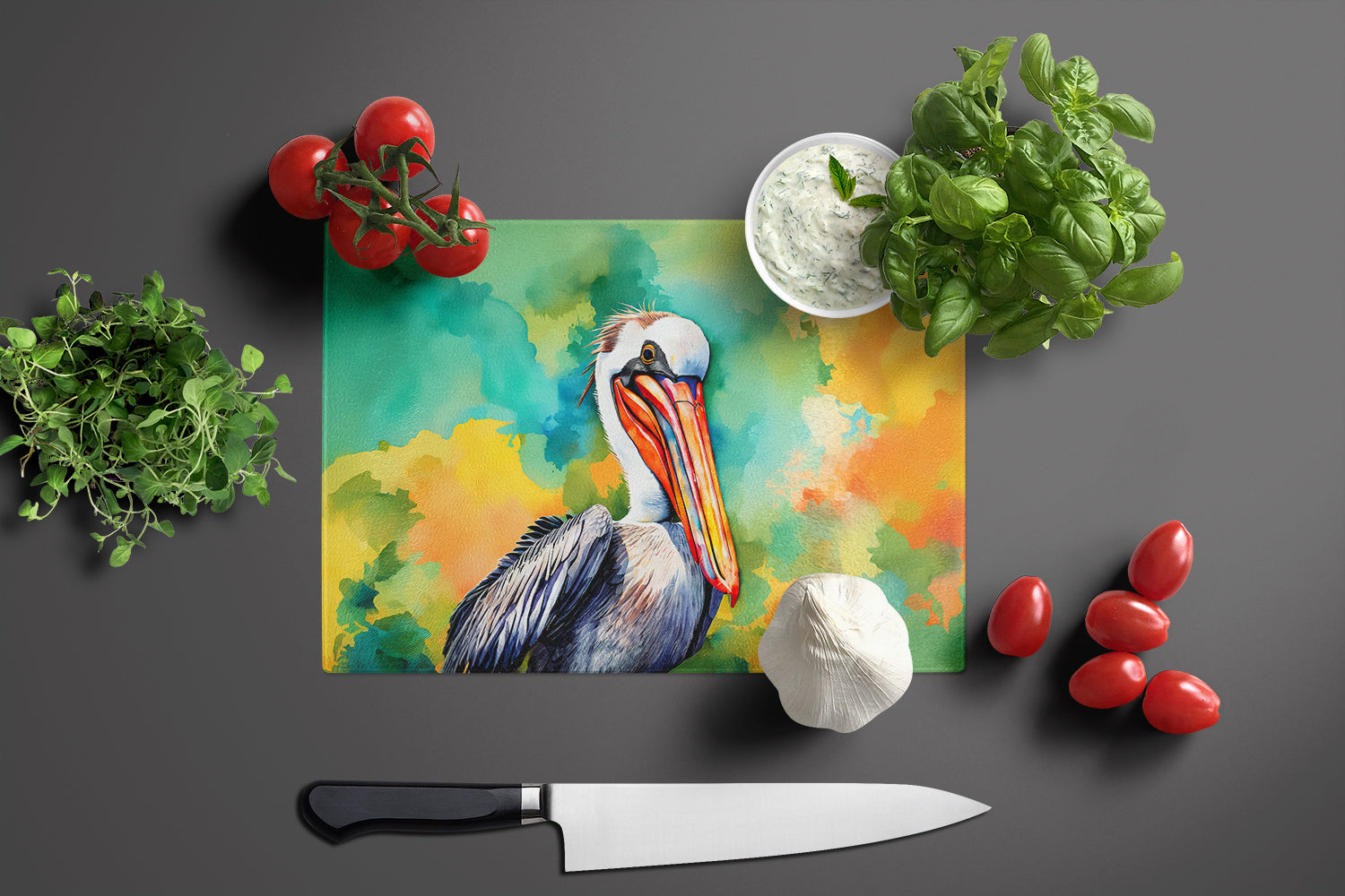 Hippie Animal Pelican Cutting Board Tempered Glass Kitchen Cutting Surface, Heat Resistant Chopping, Non-Slip Feet, Food Prep & Serving
