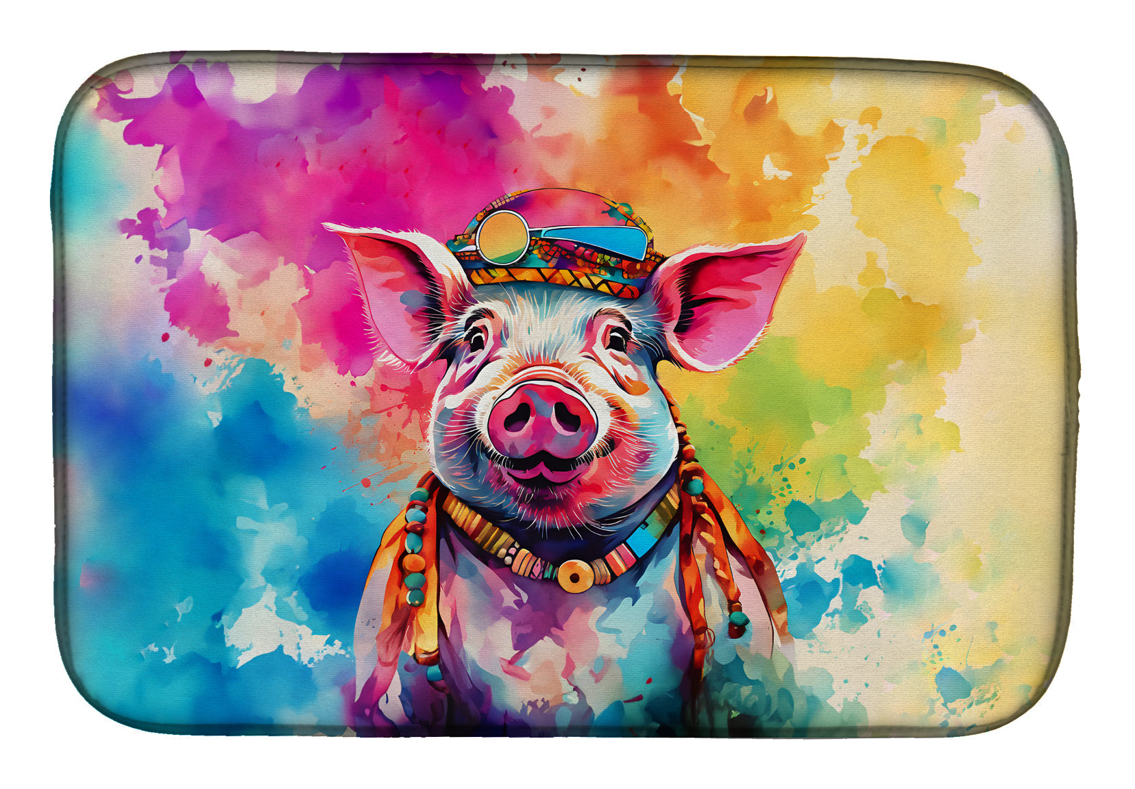 Hippie Animal Pig Dish Drying Mat Absorbent Dish Drying Mat Pad for Kitchen Counter Dish Drainer Mat for Countertop, 14 x 21", Multicolor