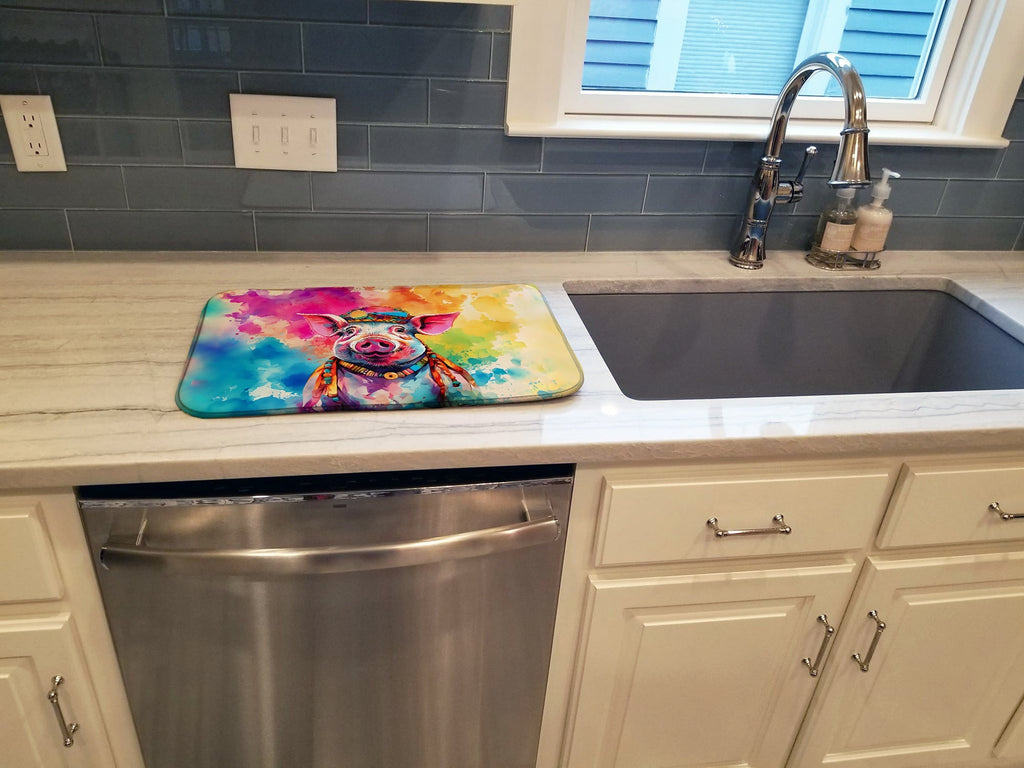 Hippie Animal Pig Dish Drying Mat Absorbent Dish Drying Mat Pad for Kitchen Counter Dish Drainer Mat for Countertop, 14 x 21", Multicolor