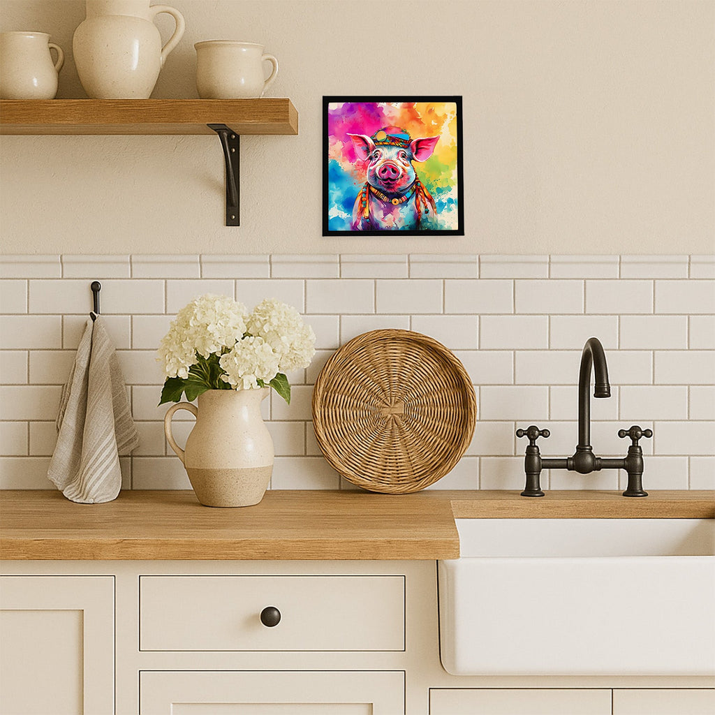 Hippie Animal Pig Framed Metal Print Bathroom, Kitchen, Office, Home Decor Wall Art Ready to Hang, Square, 8X8