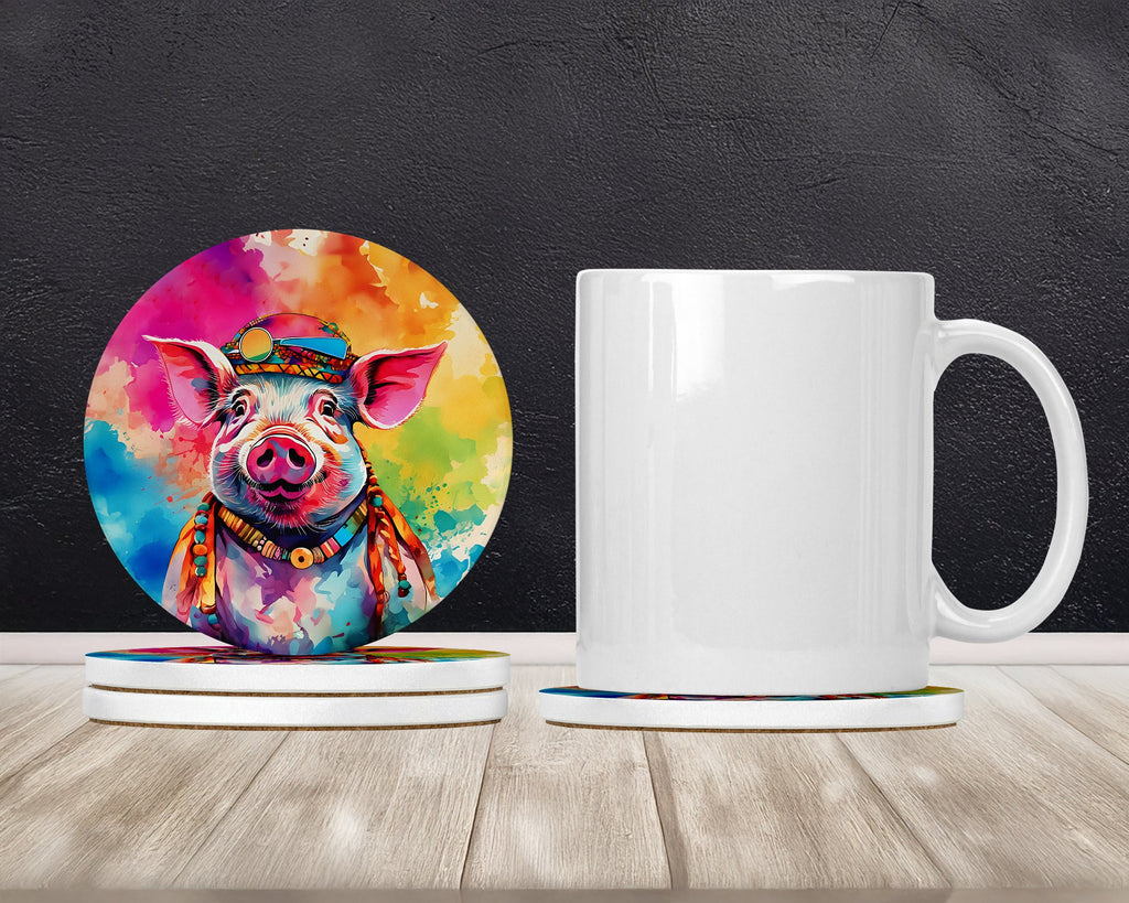 Hippie Animal Pig Large Sandstone Coasters Pack of 4 Absorbent Round Coasters Decor Gifts for Men or Women, 4 in, Multicolor