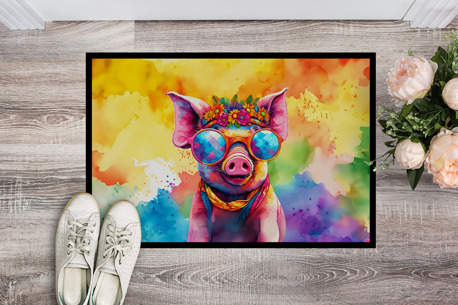 Hippie Animal Pig Doormat Indoor Outdoor 18H X 27W Front Door Mat Rugs for Entryway, Non Slip Washable